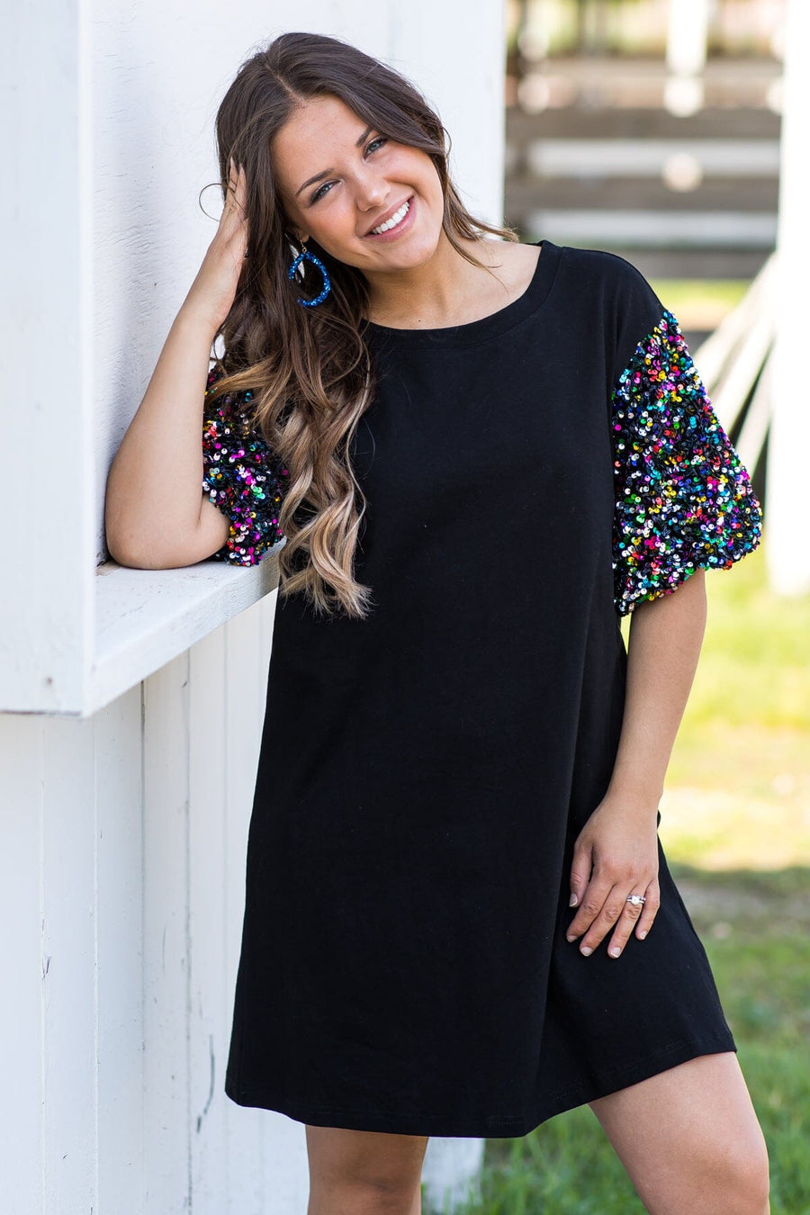 Black Sequin Puff Sleeve Knit Dress - Filly Flair