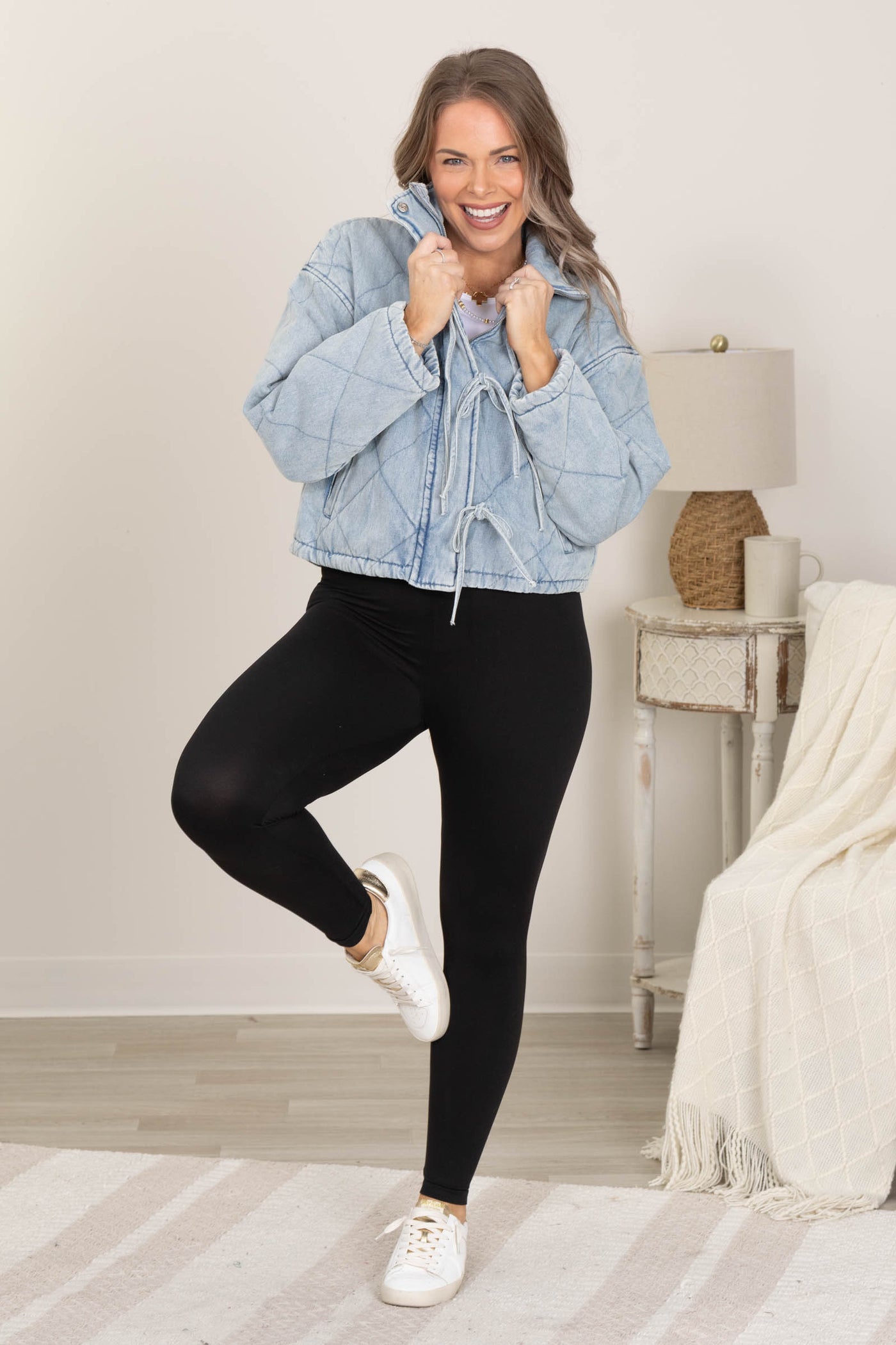 Light Denim Quilted Tie Puffer Jacket