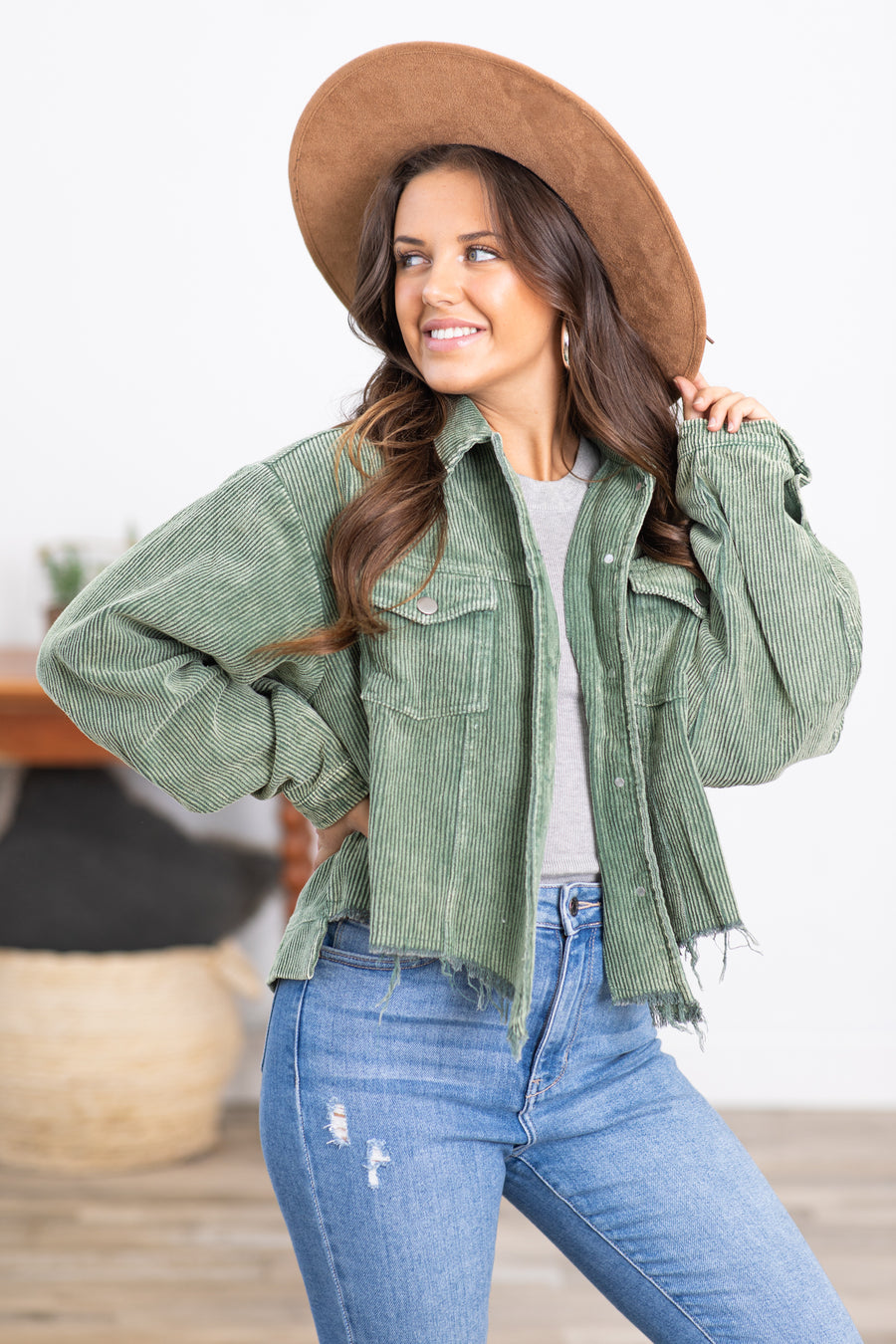 Hunter Green Distressed Hem Corduroy Jacket