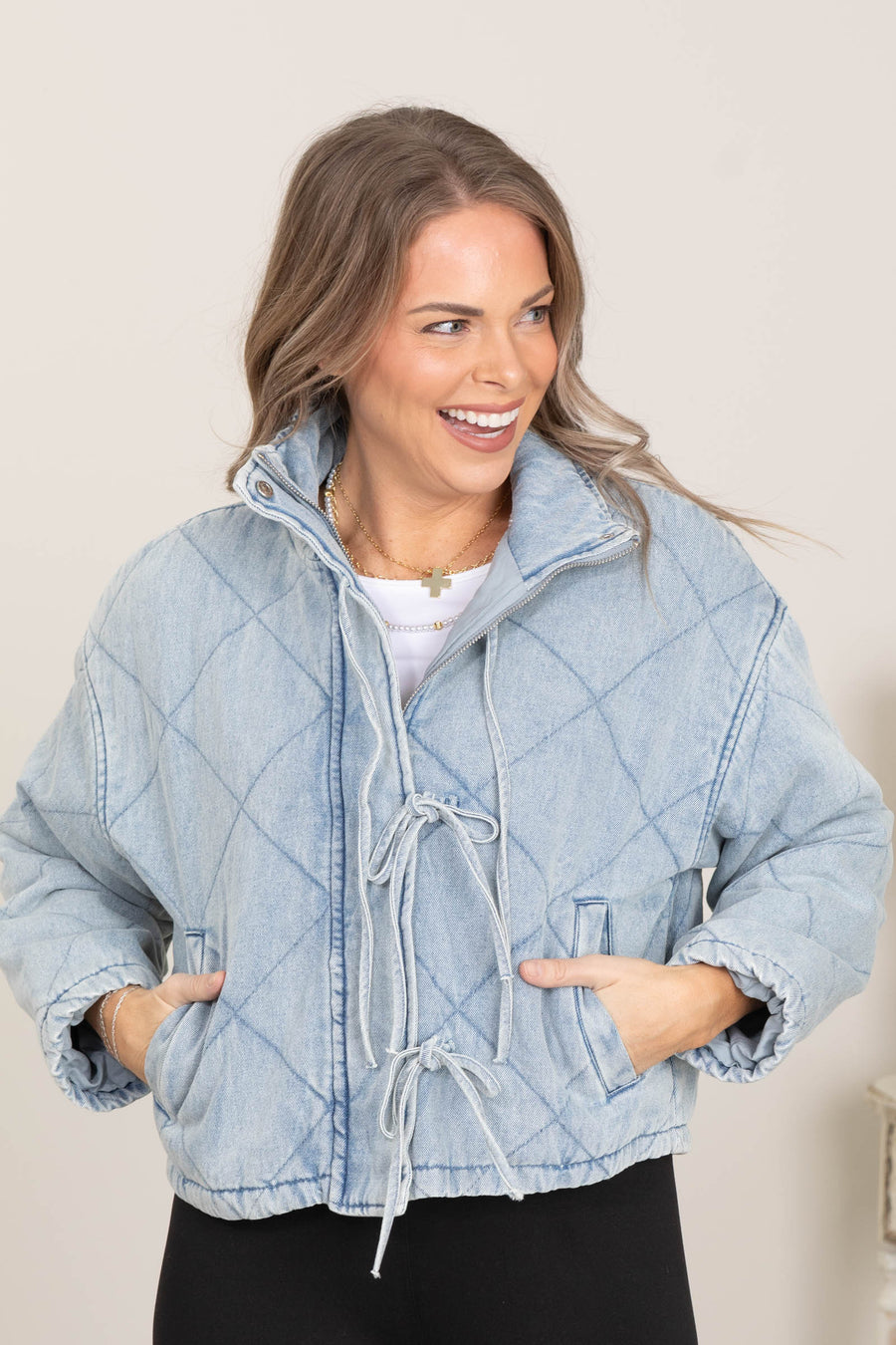 Light Denim Quilted Tie Puffer Jacket