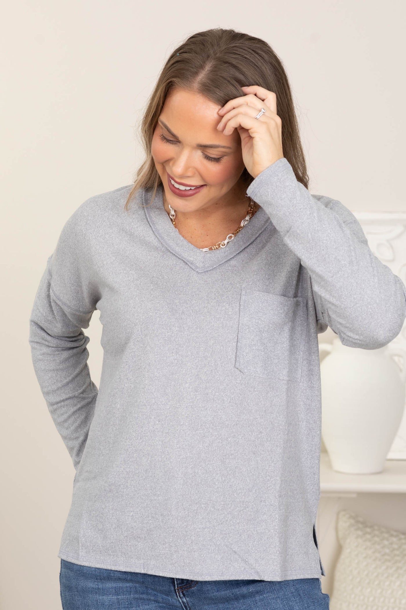 Soft Melange Hacci Exposed Seam Knit Top