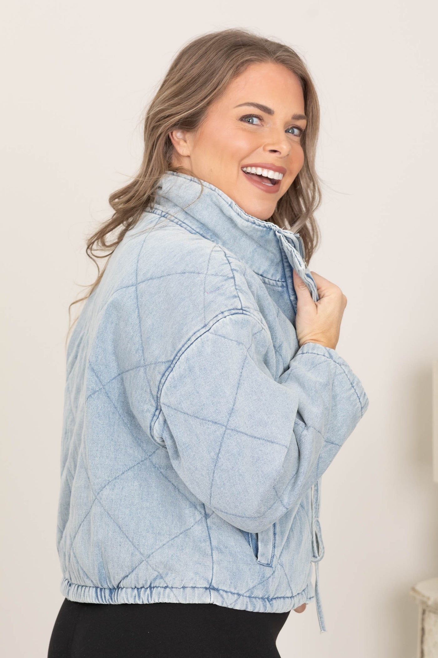 Light Denim Quilted Tie Puffer Jacket