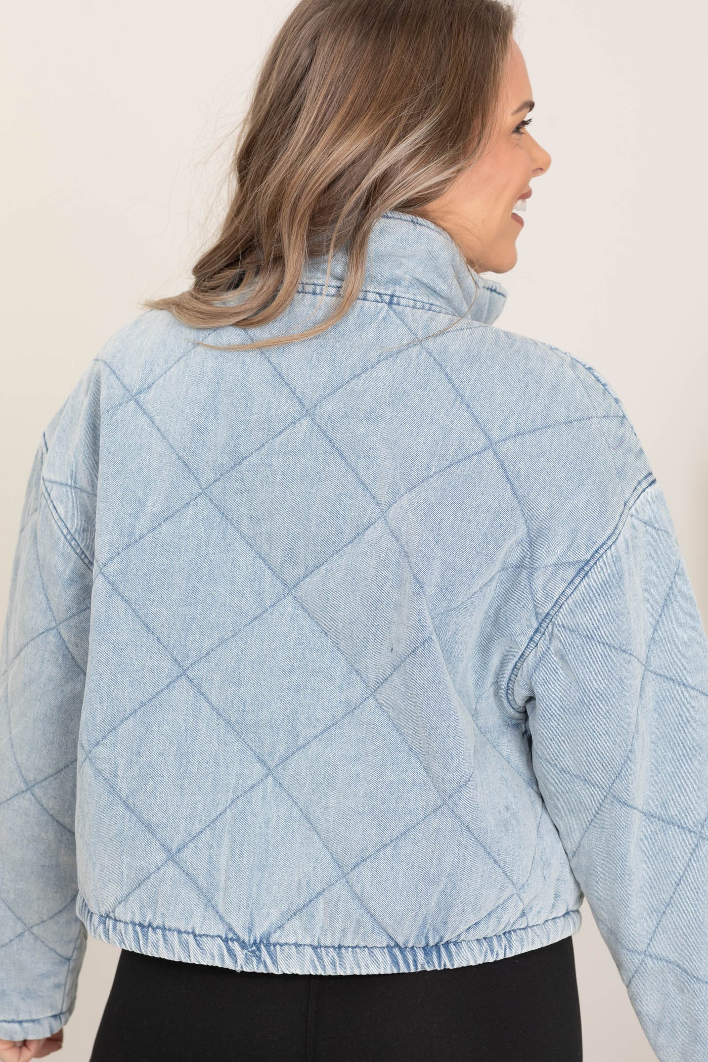 Light Denim Quilted Tie Puffer Jacket