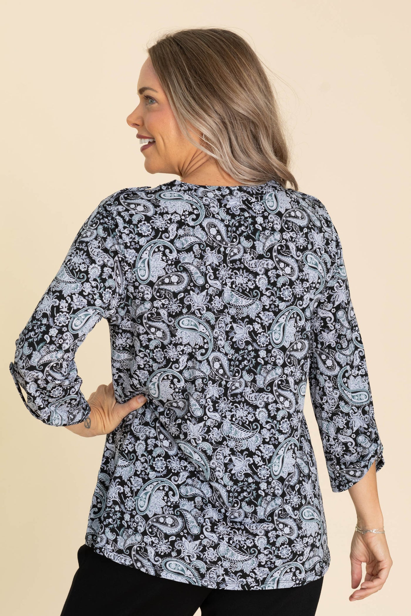 Black Floral Print Button Liz Wrinkle Free Top
