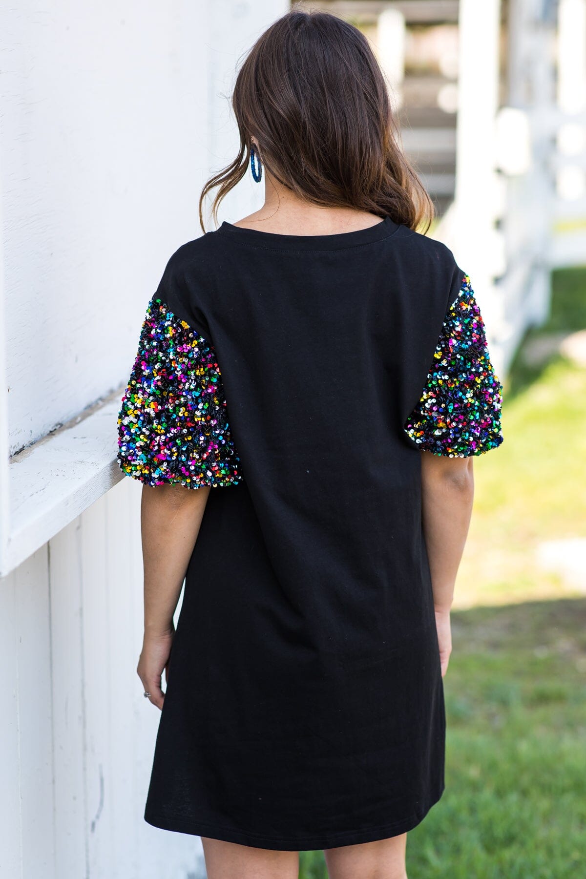 Black Sequin Puff Sleeve Knit Dress - Filly Flair
