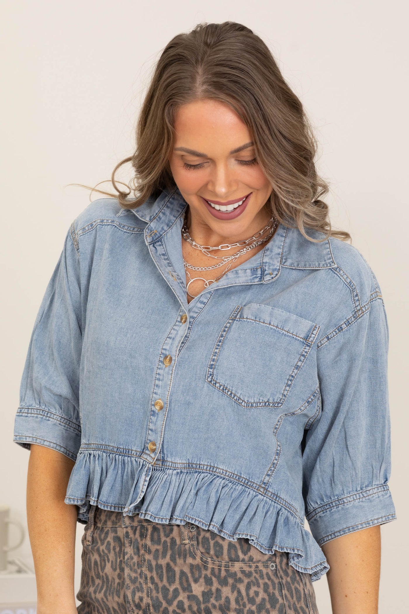 Denim Ruffled Hem Button Down Top