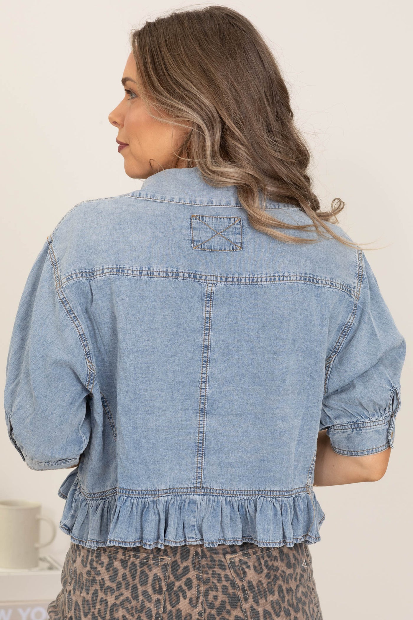 Denim Ruffled Hem Button Down Top