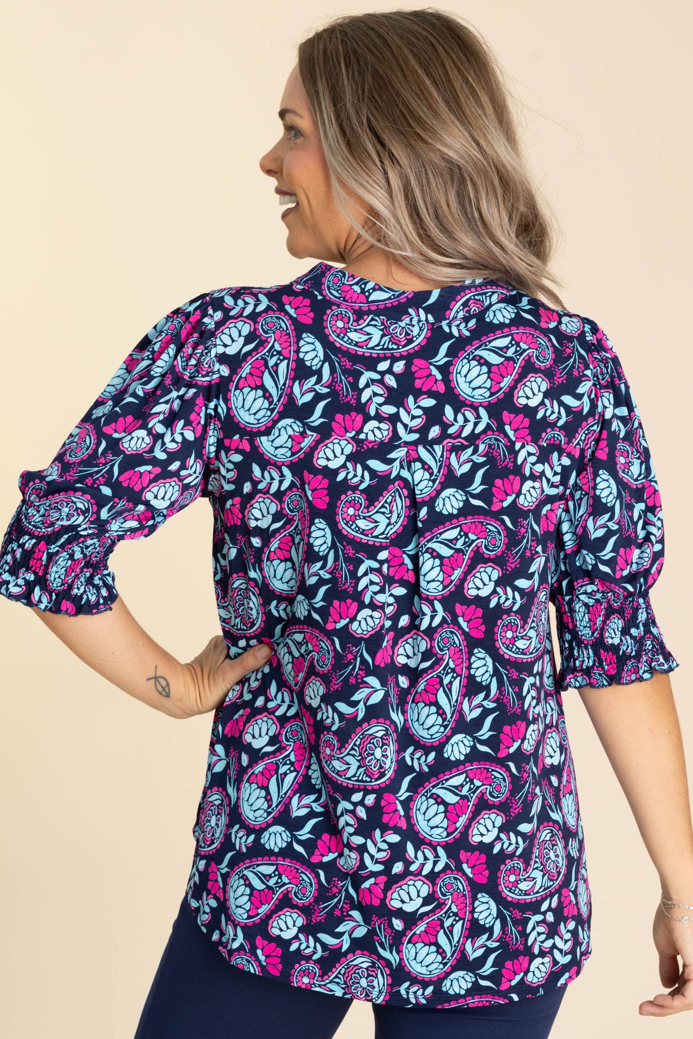 Navy Printed Smocked Sleeve Wrinkle Free Top