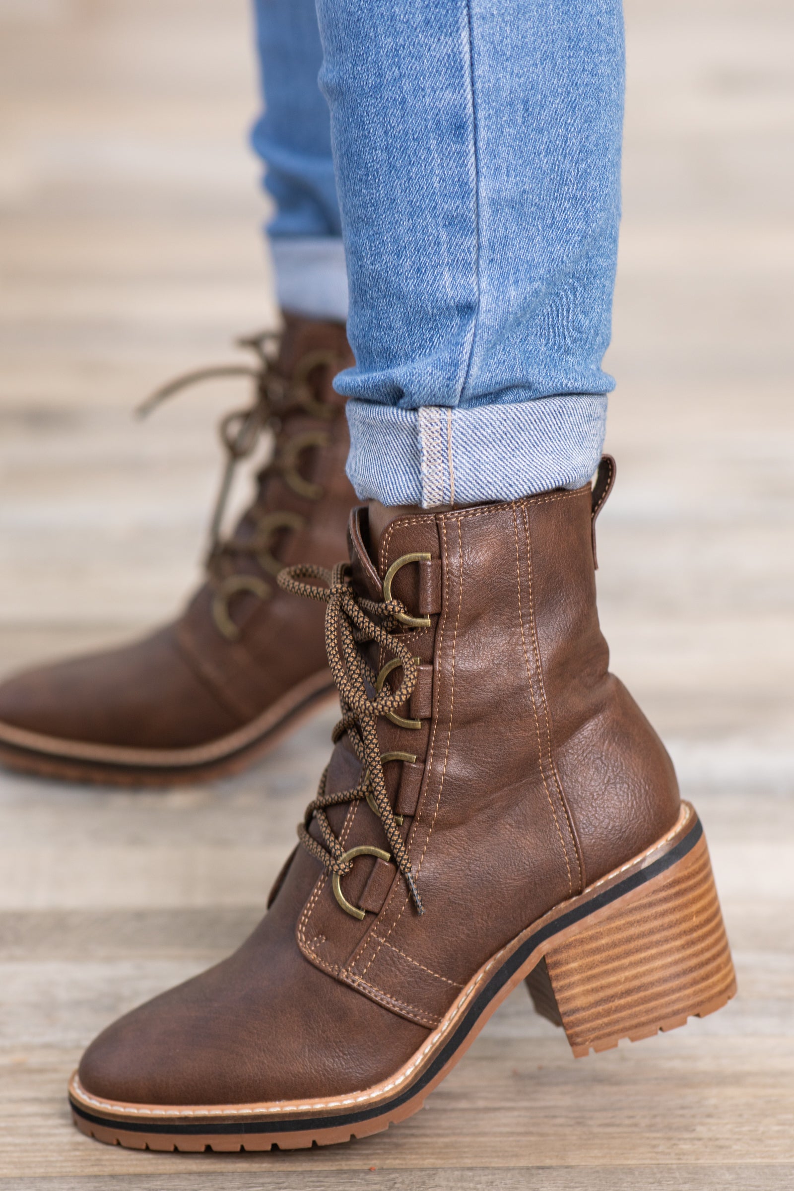 Brown Lace Up Boots With Block Heel