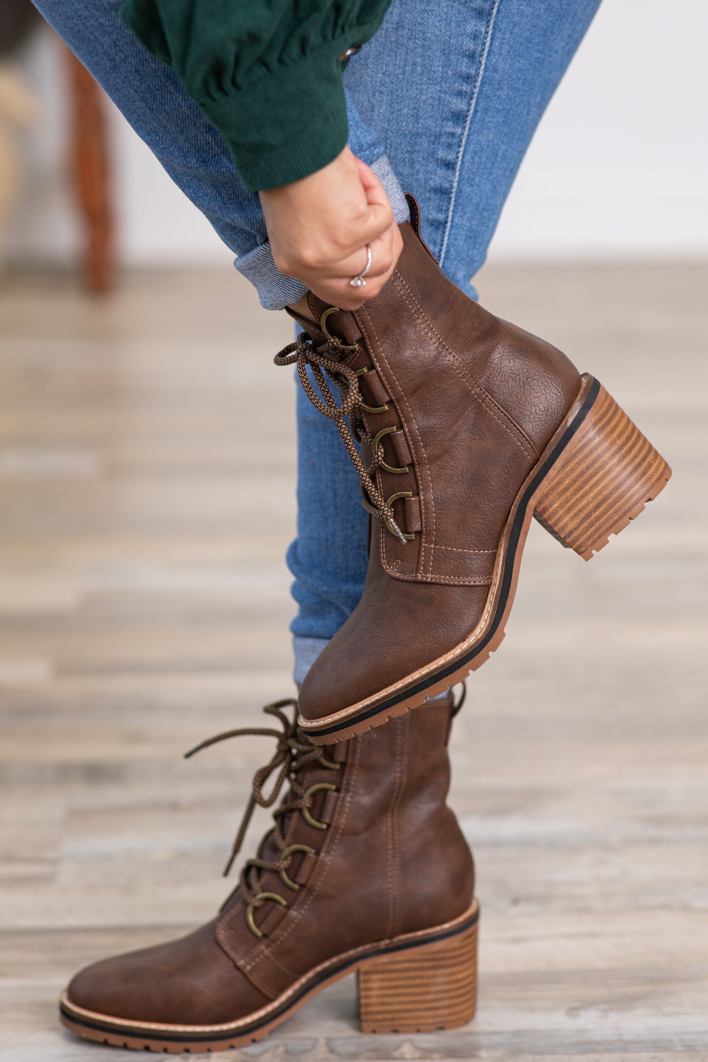 Brown Lace Up Boots With Block Heel