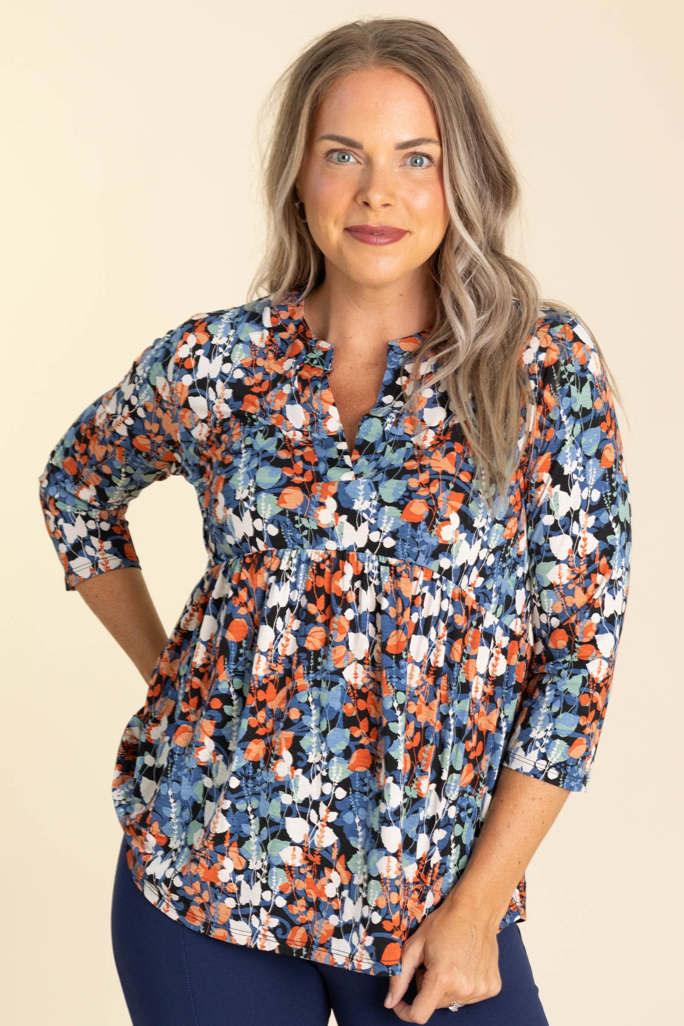 Denim Blue And Rust Babydoll Wrinkle Free Top