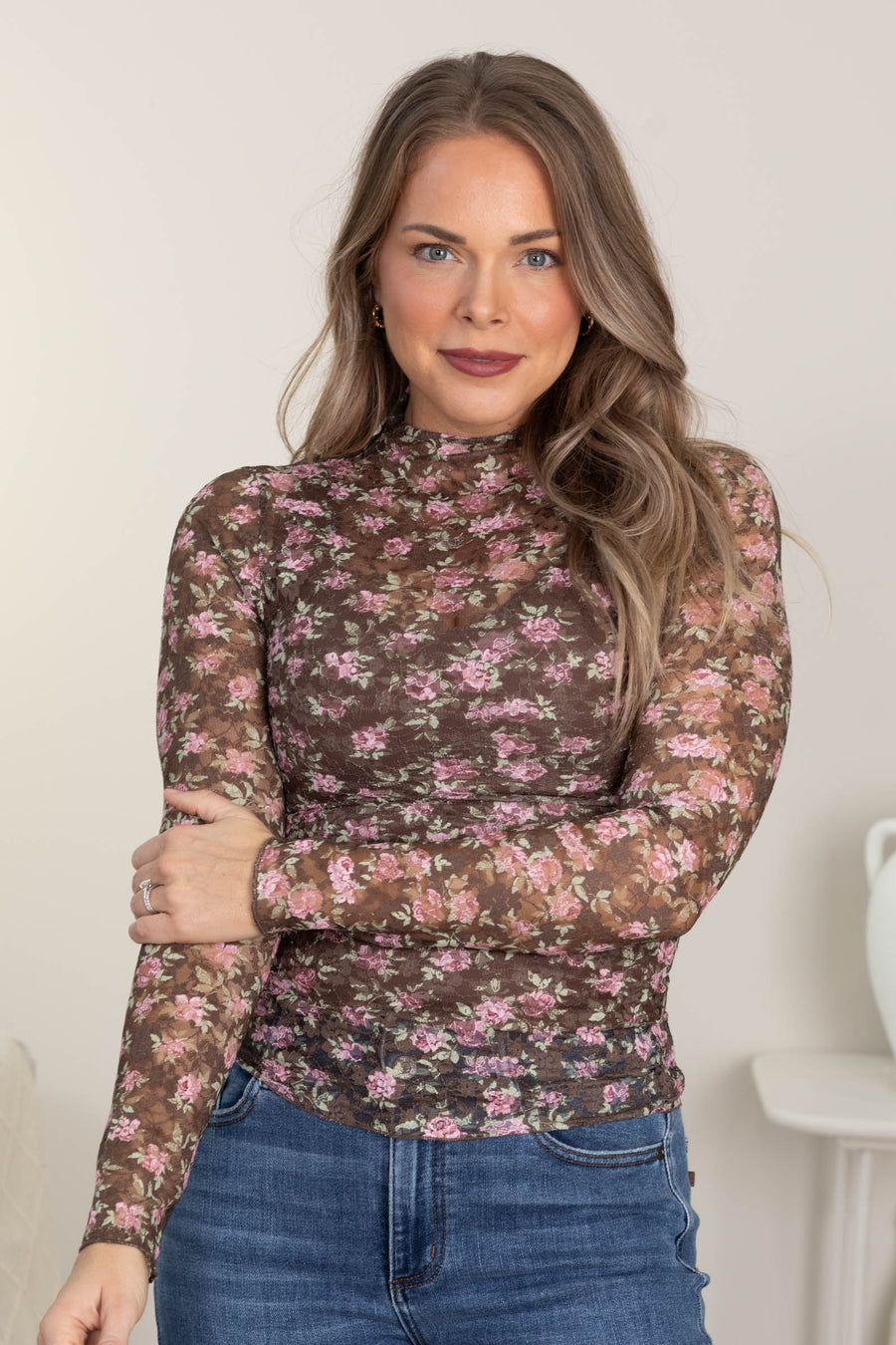 Brown Floral Mock Neck Fitted Mesh Knit Top
