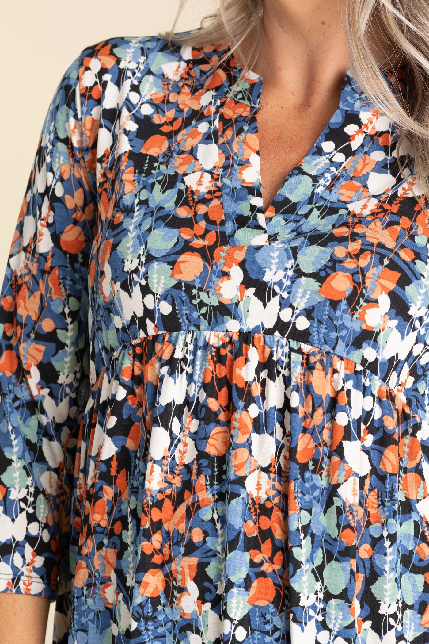 Denim Blue And Rust Babydoll Wrinkle Free Top