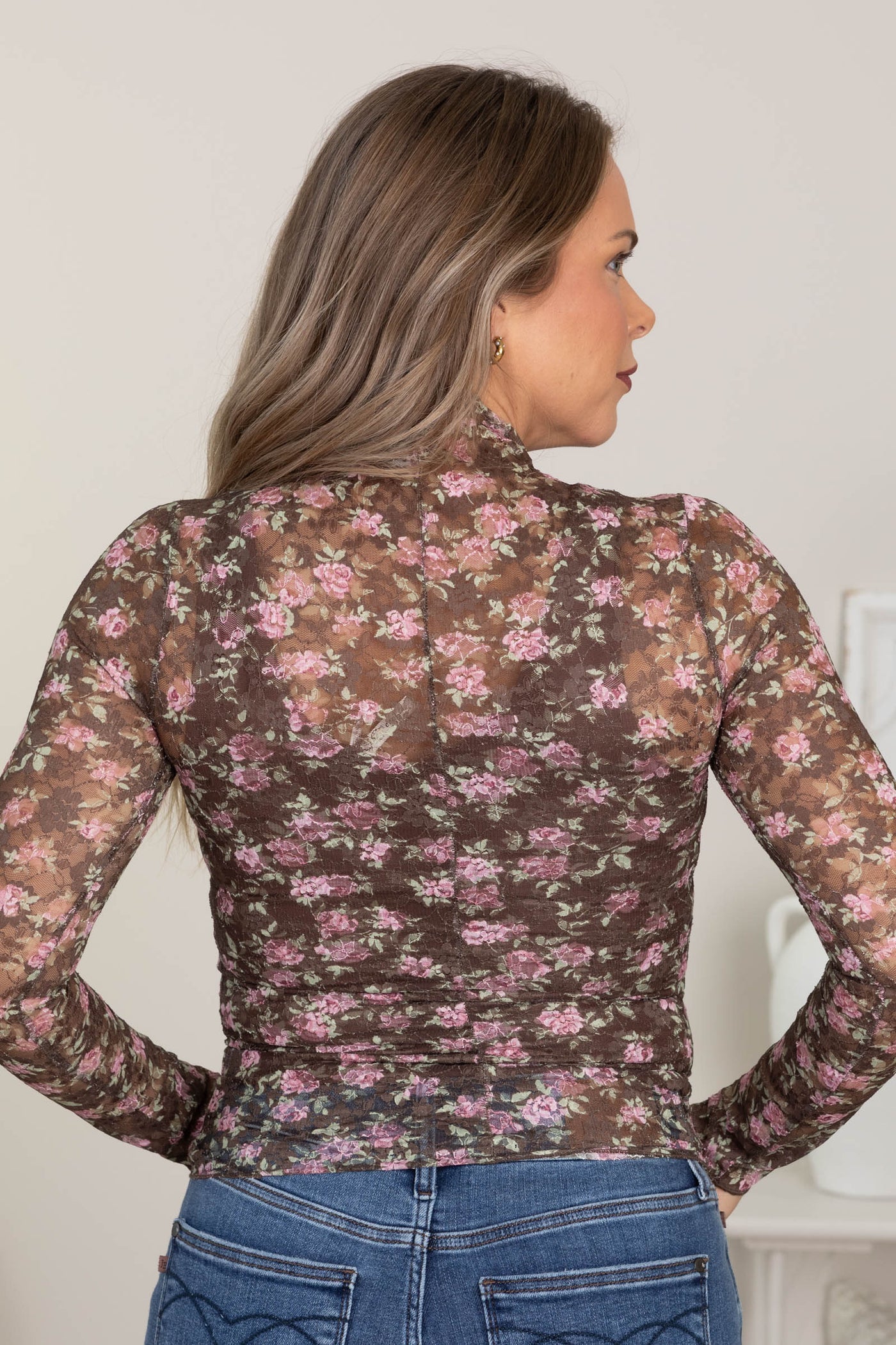 Brown Floral Mock Neck Fitted Mesh Knit Top