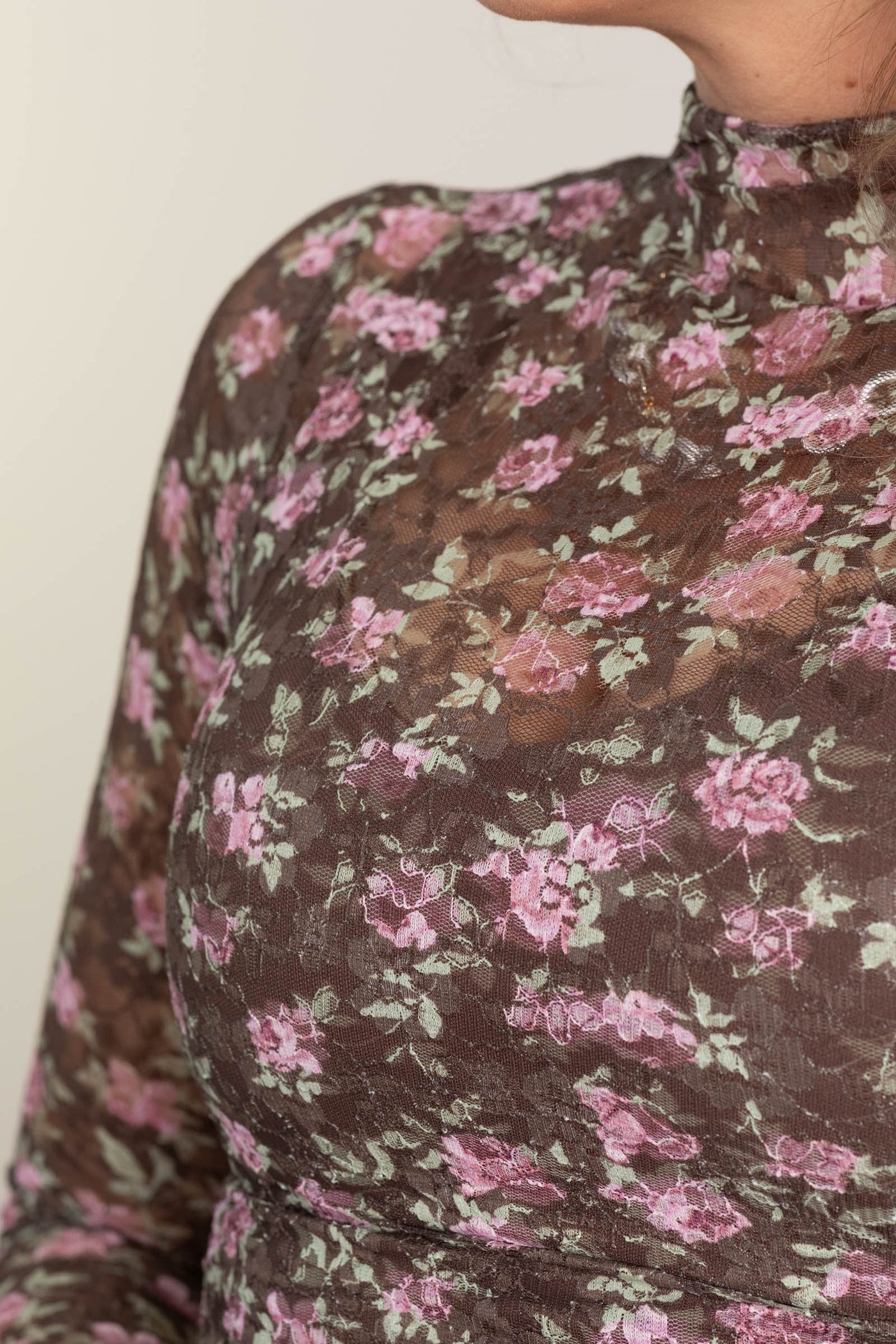 Brown Floral Mock Neck Fitted Mesh Knit Top