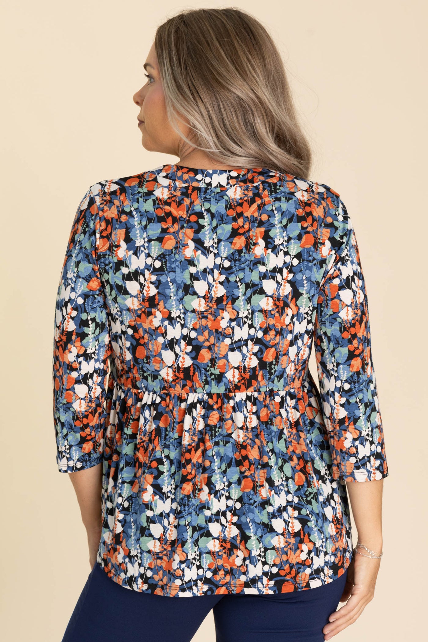 Denim Blue And Rust Babydoll Wrinkle Free Top