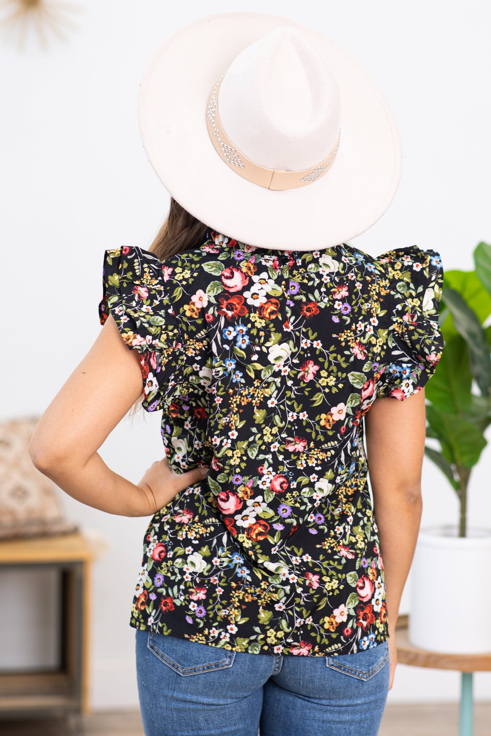 Black Floral Double Flutter Sleeve Top - Filly Flair