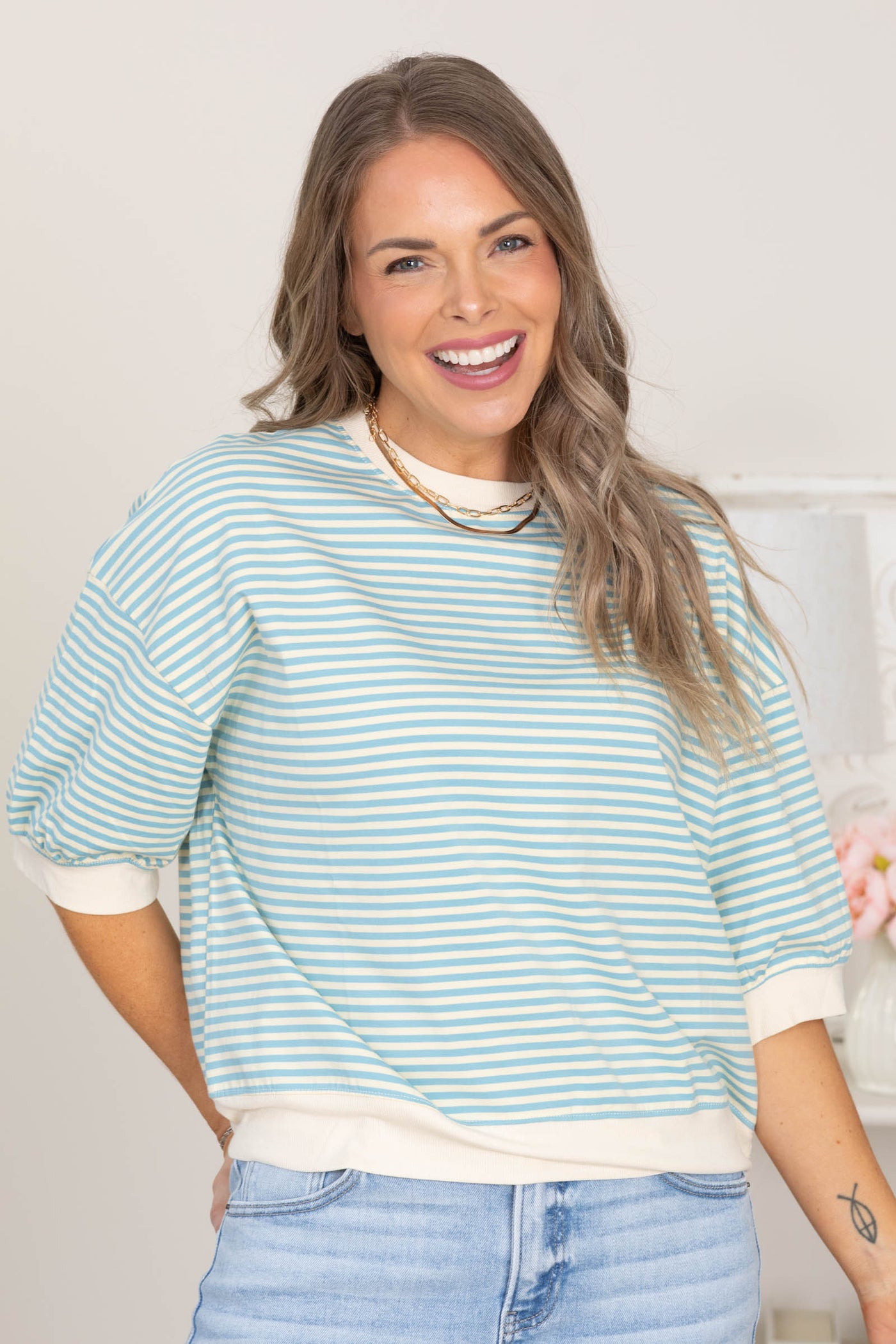 Crewneck Stripe Short Sleeve Knit Tops