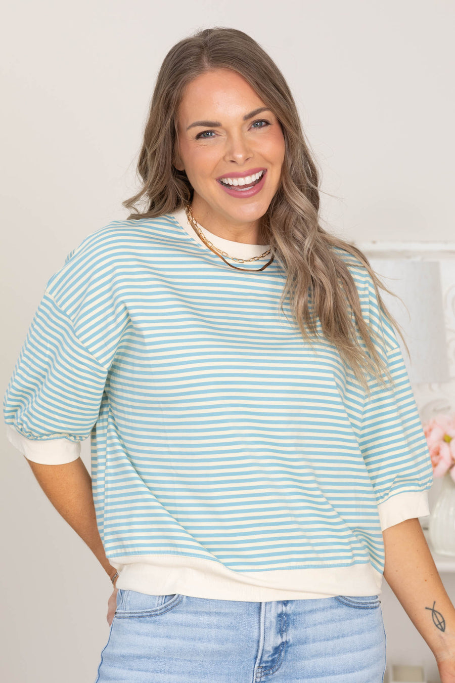 Crewneck Stripe Short Sleeve Knit Tops