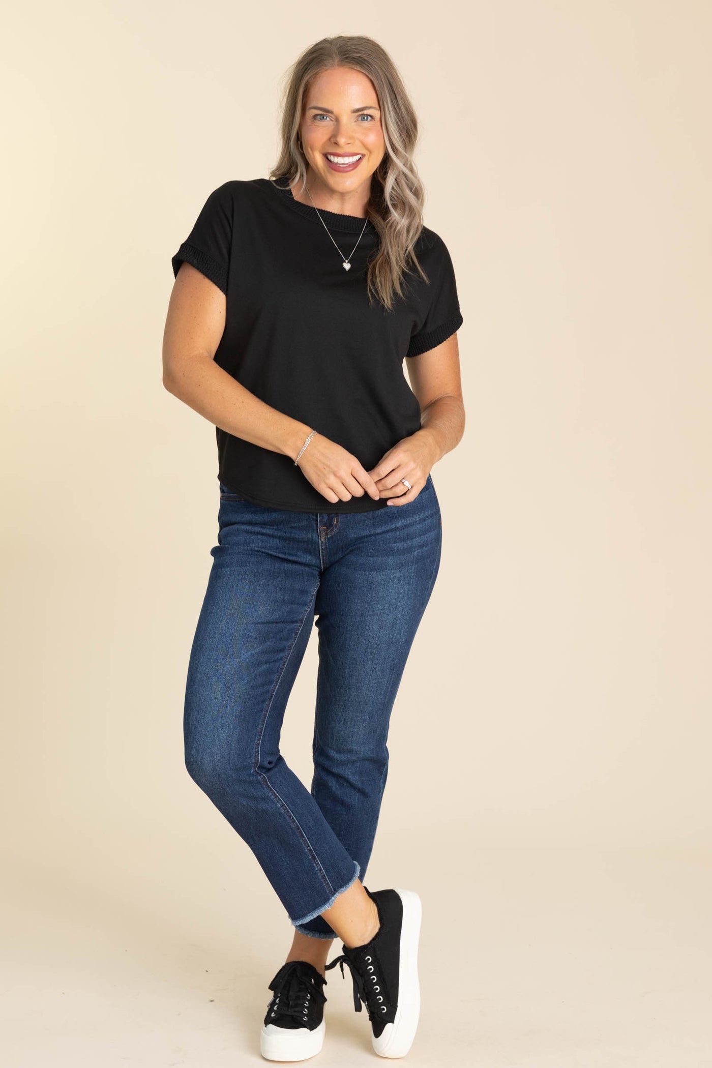 Solid Top With Ribbed Neck And Sleeve Detail