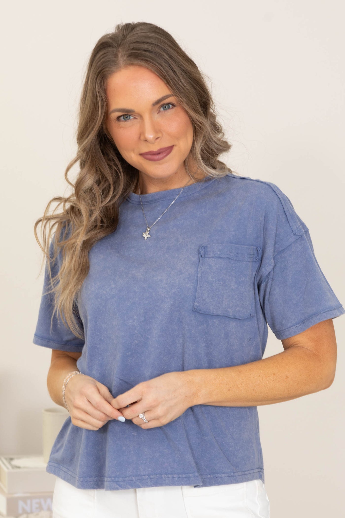 Mineral Washed Knit Tops With Pocket