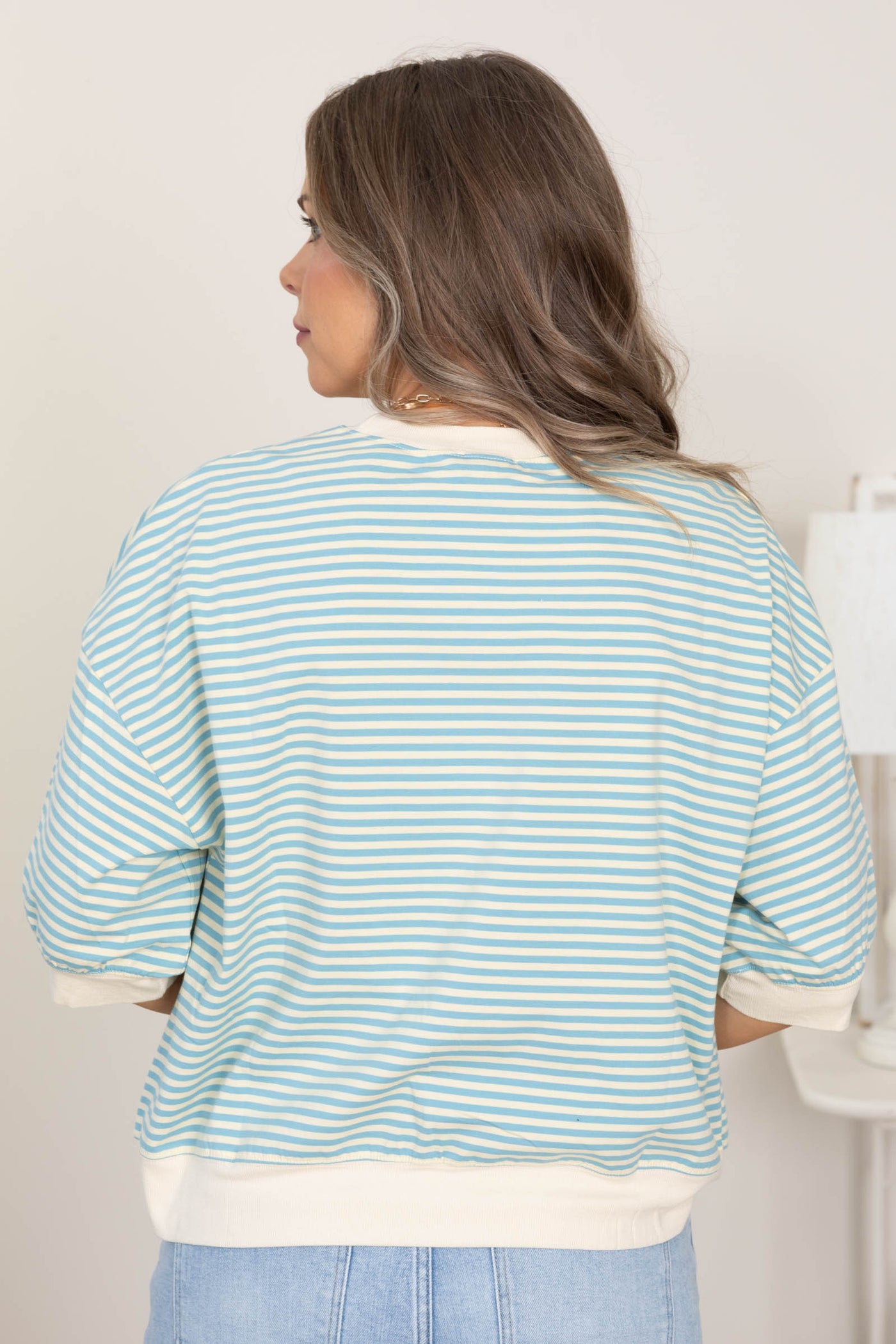Crewneck Stripe Short Sleeve Knit Tops