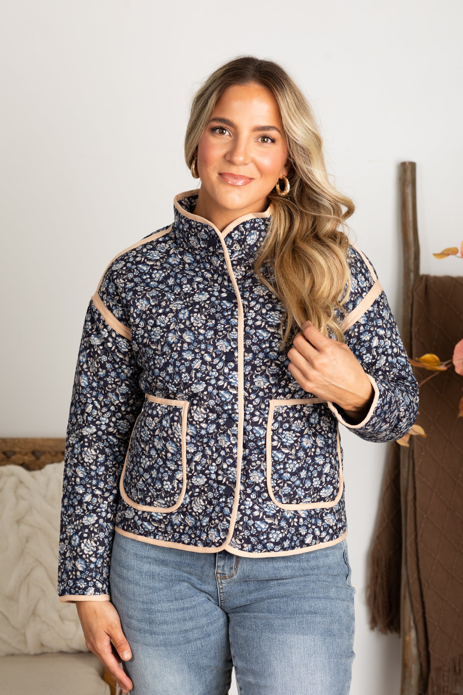 Navy Ditsy Floral Quilted Jacket · Filly Flair