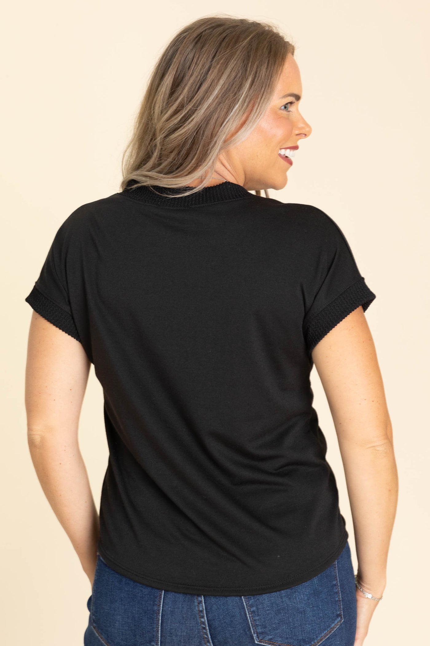 Solid Top With Ribbed Neck And Sleeve Detail