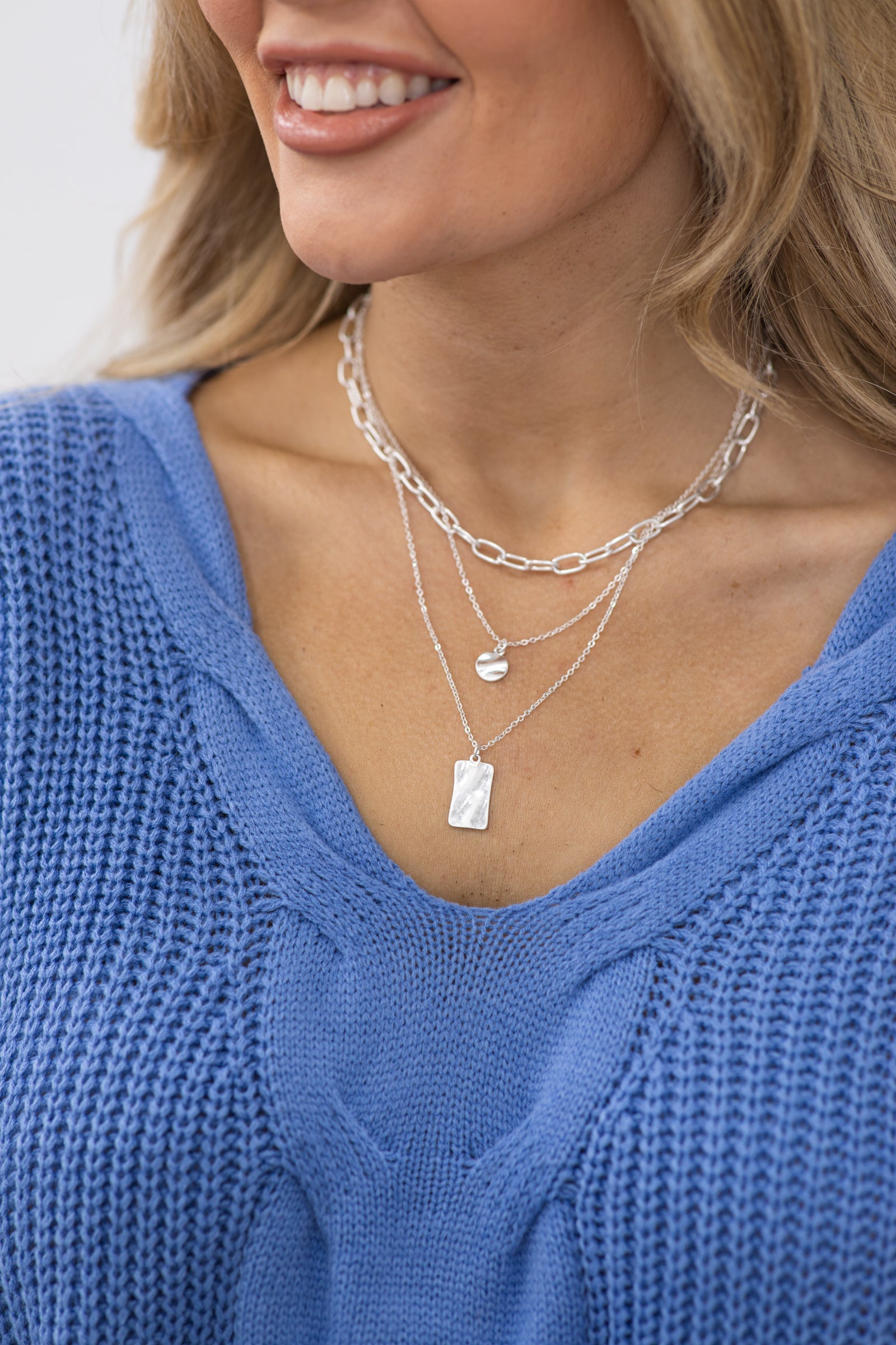 Silver Layered Chain Tag Necklace