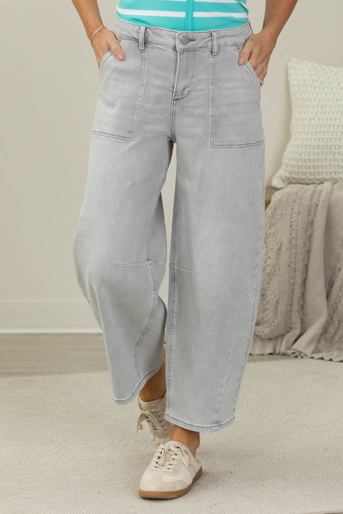 Risen Light Grey Crop Barrel Jeans
