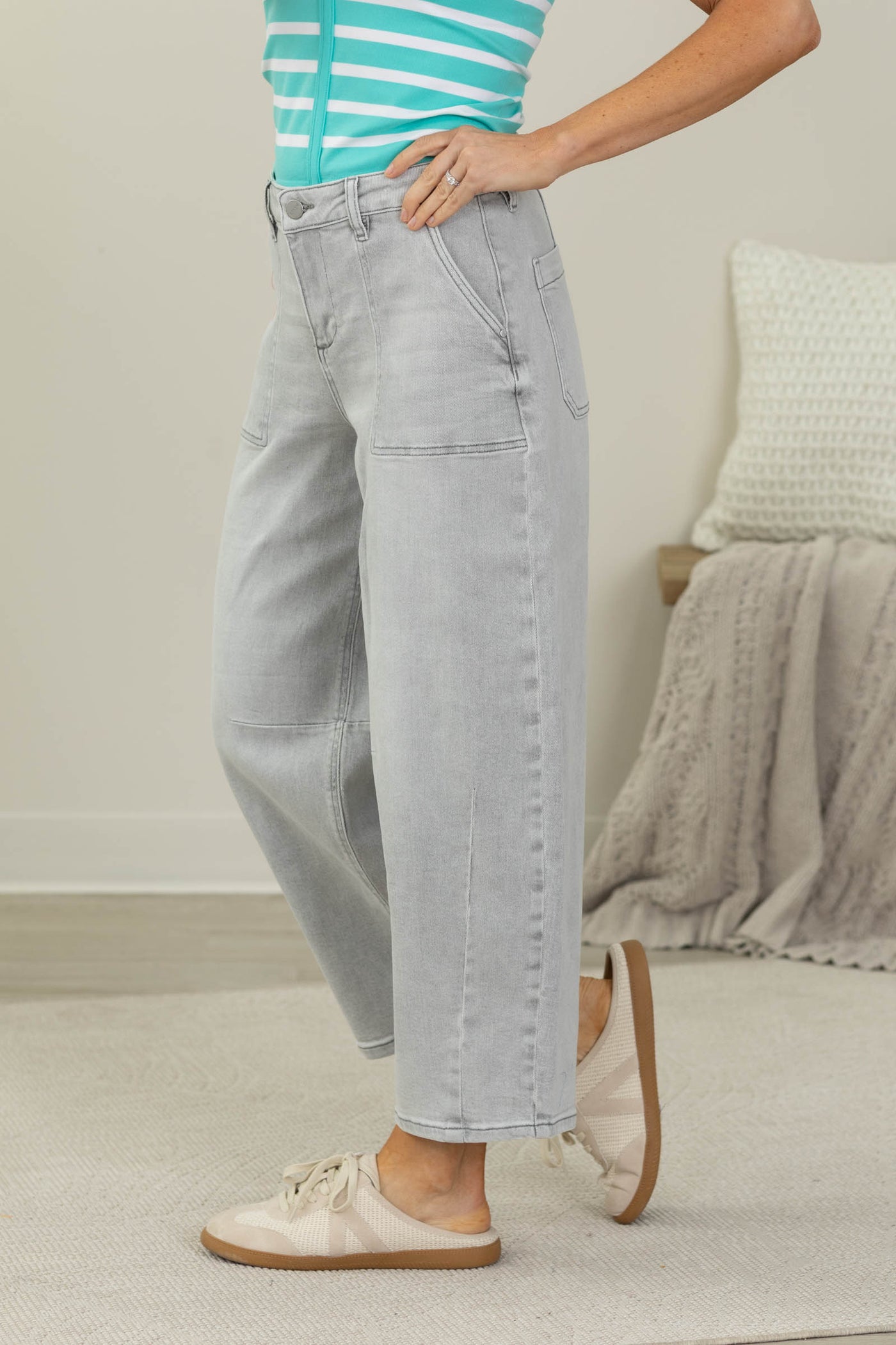 Risen Light Grey Crop Barrel Jeans