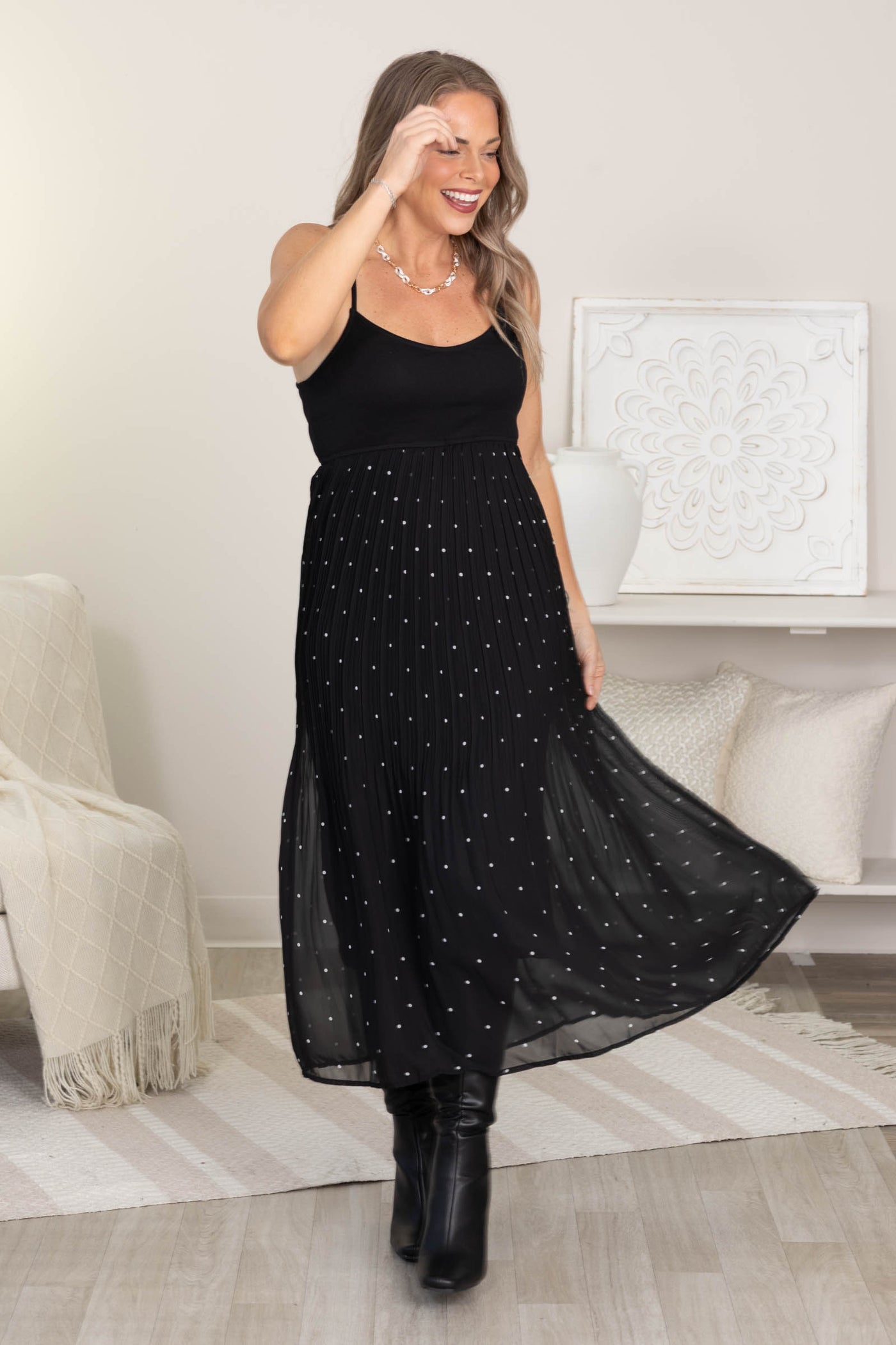 Black Polka Dot Pleated Contrast Cami Dress