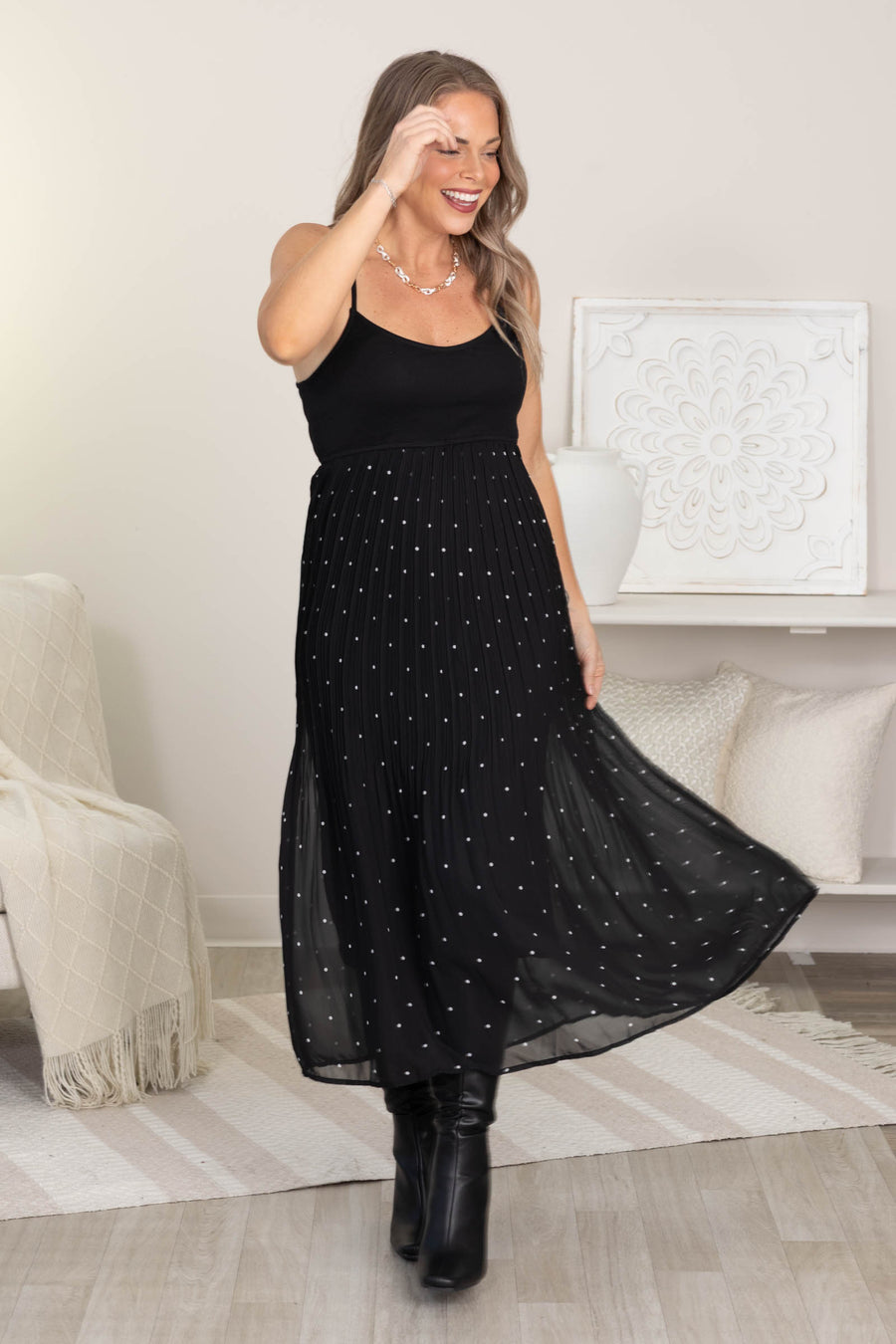 Black Polka Dot Pleated Contrast Cami Dress
