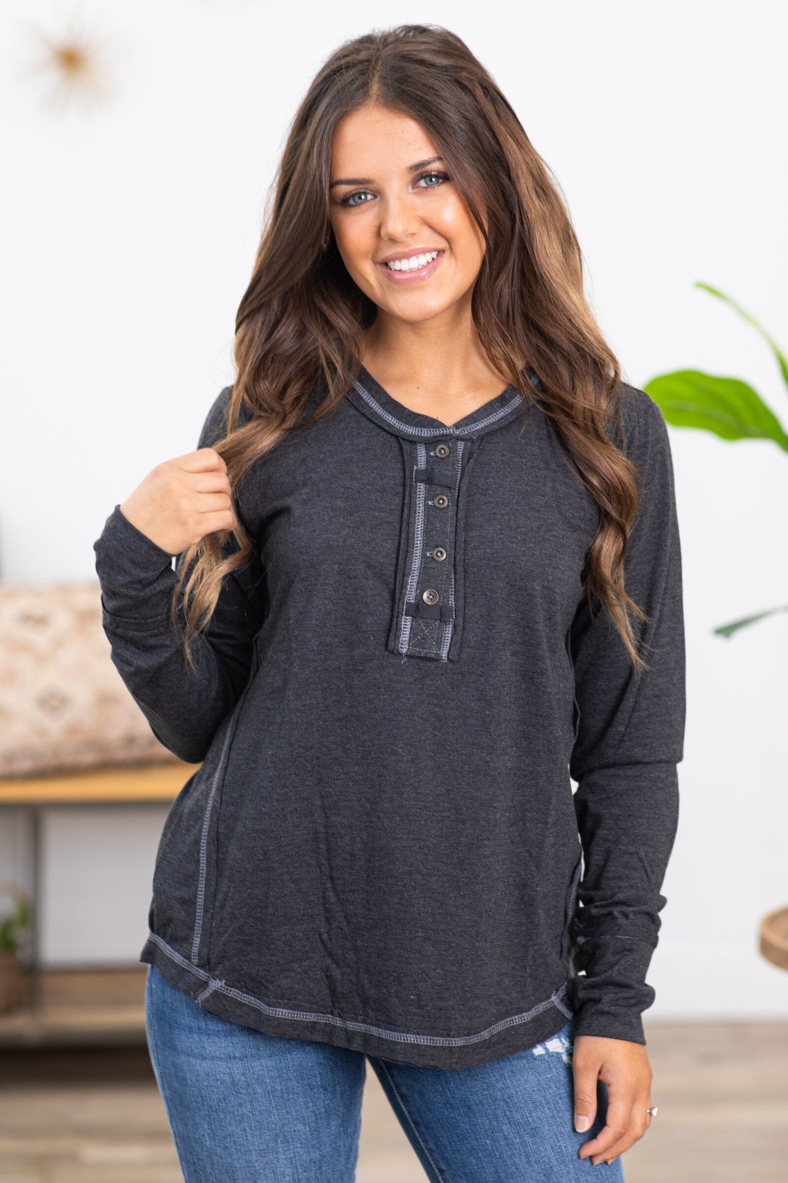 Charcoal Contrast Stitch Henley Top - Filly Flair