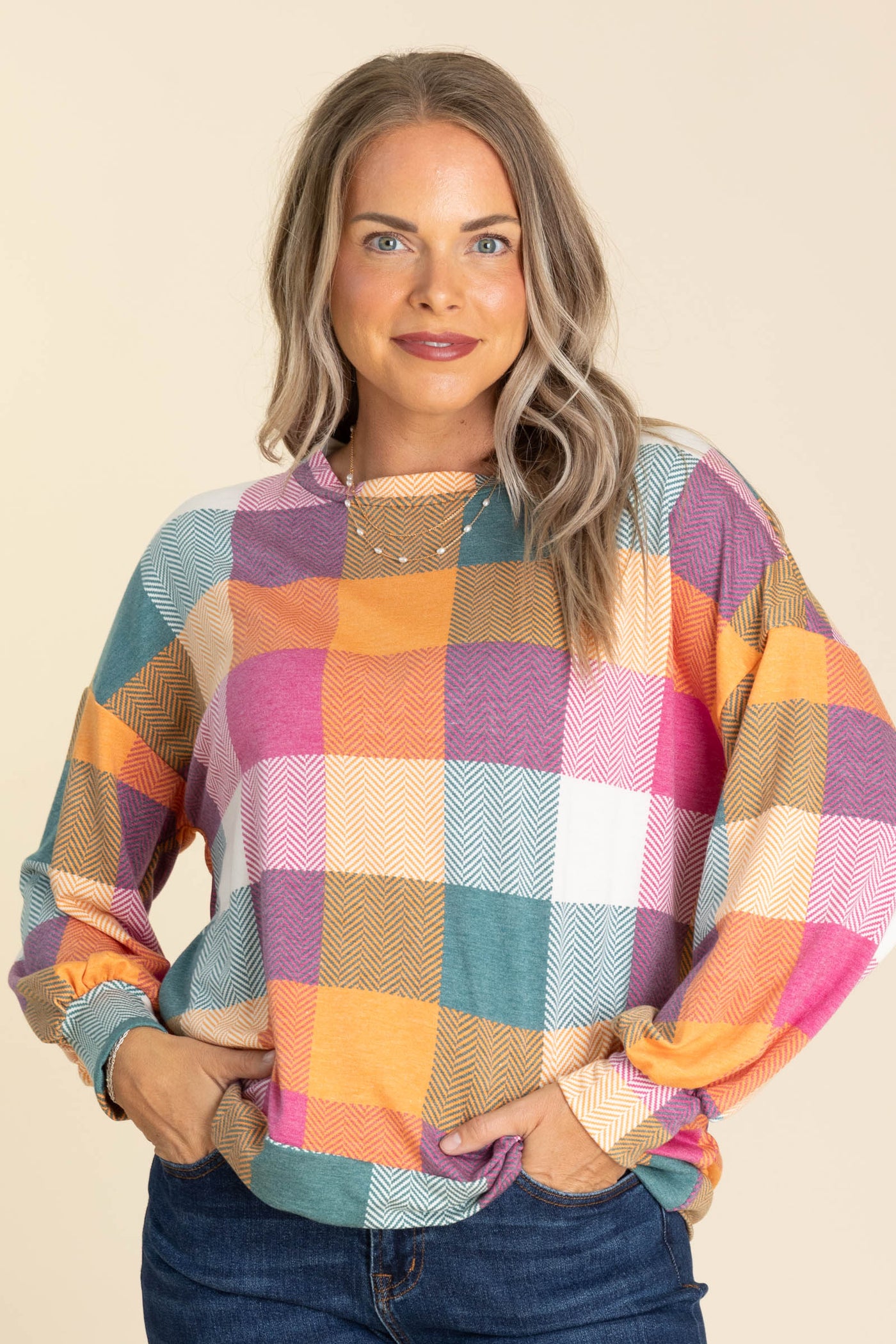 Drop Shoulder Oversized Checker Knit Tops