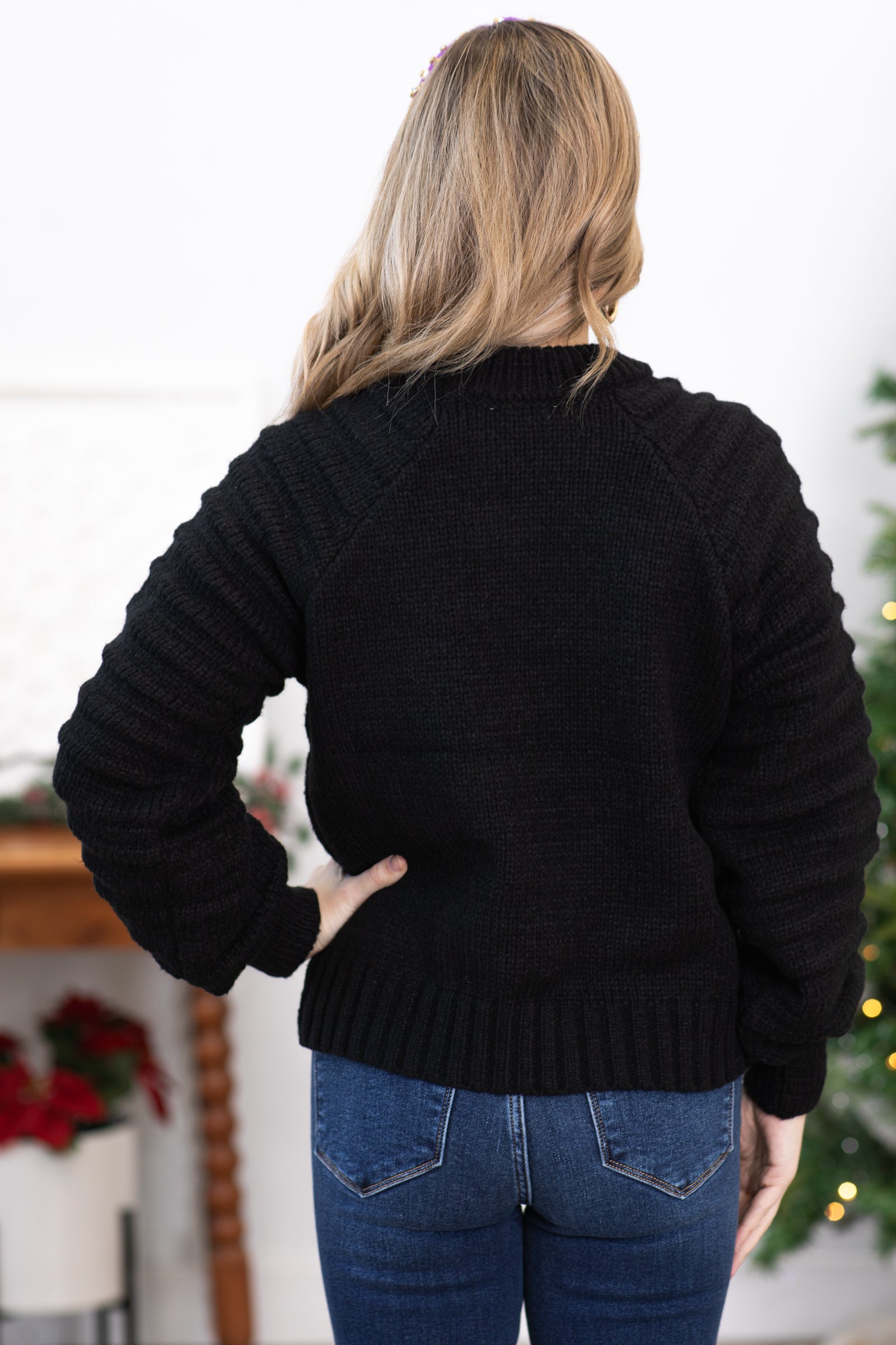 Black Textured Sleeve Round Neck Sweater