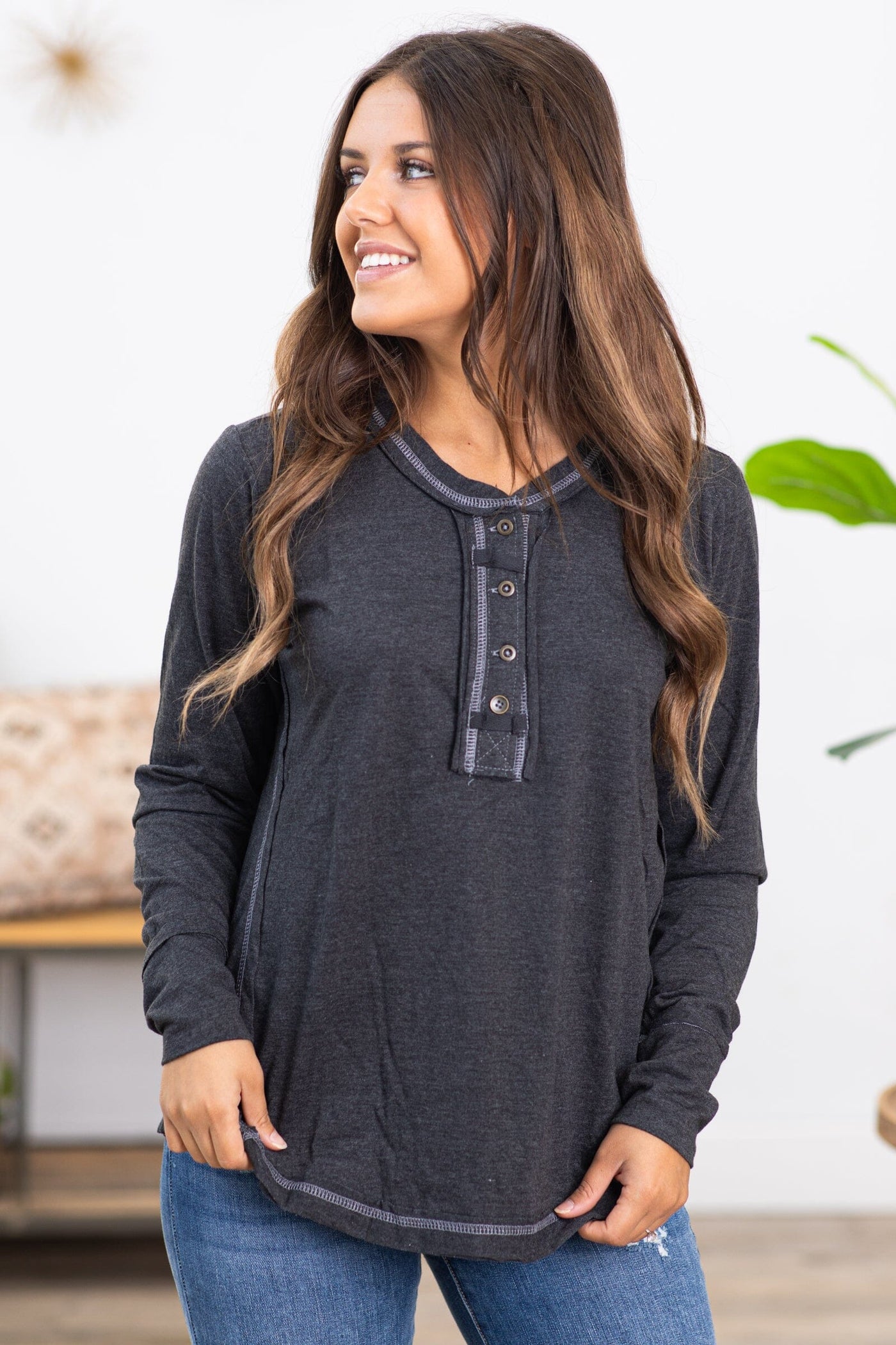 Charcoal Contrast Stitch Henley Top - Filly Flair