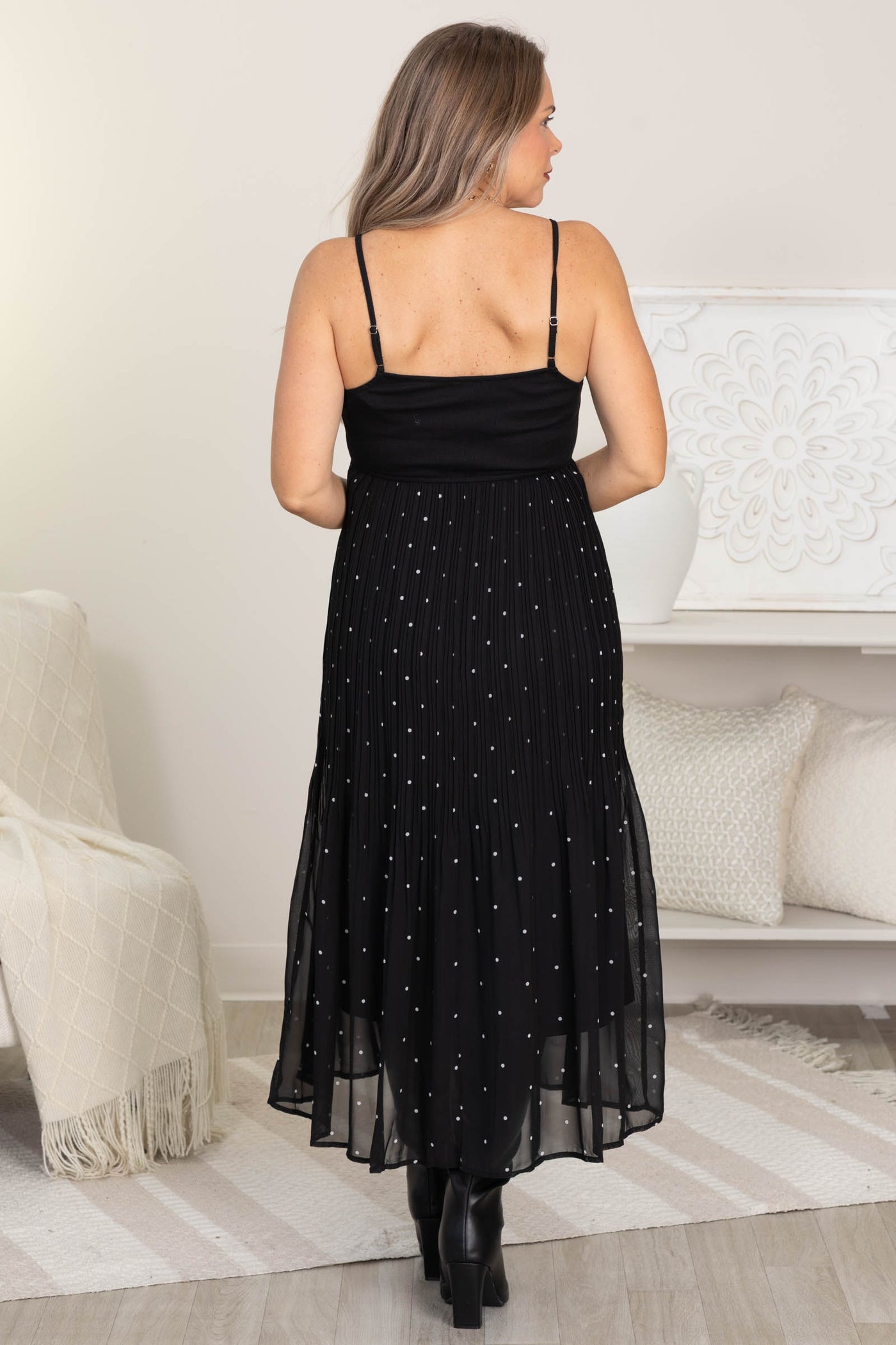 Black Polka Dot Pleated Contrast Cami Dress