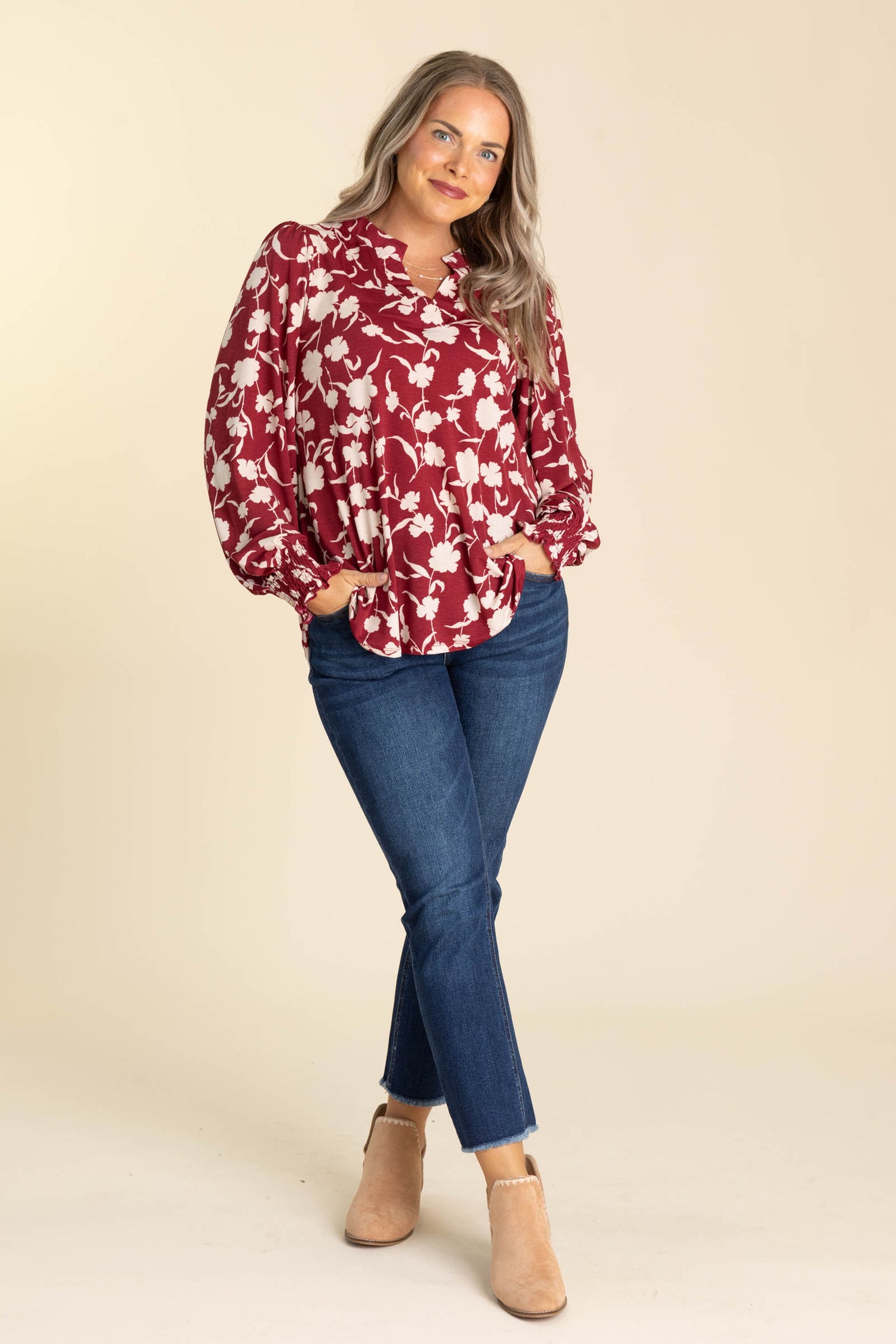 Wine Floral Smocked Wrinkle Free Top