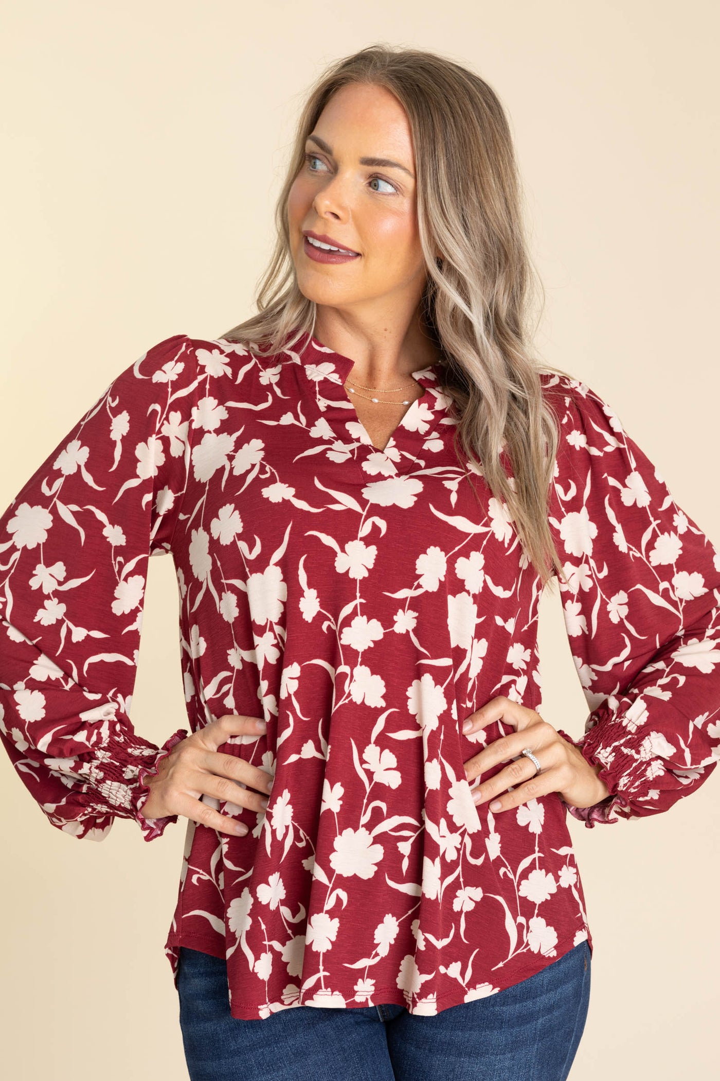 Wine Floral Smocked Wrinkle Free Top