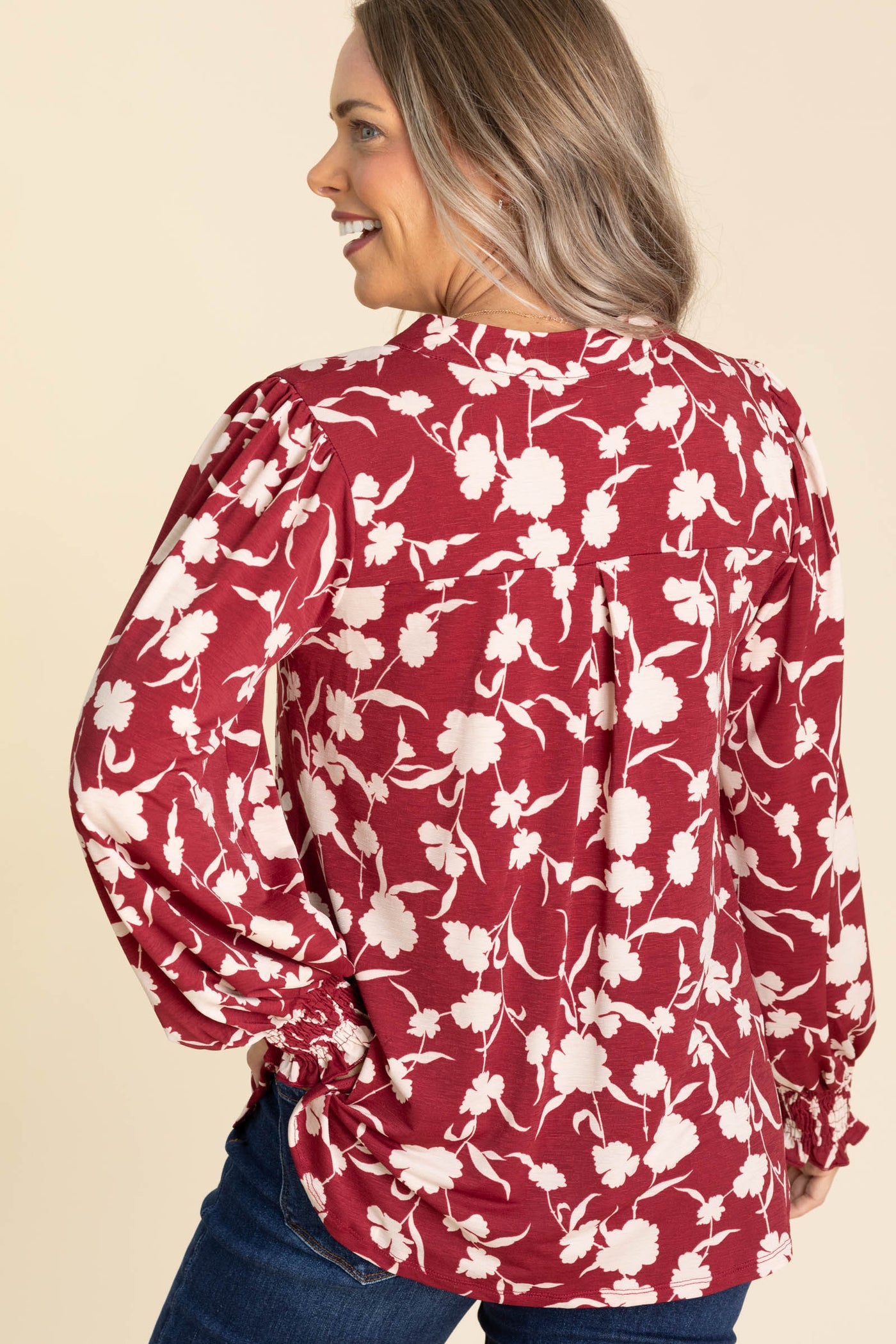 Wine Floral Smocked Wrinkle Free Top