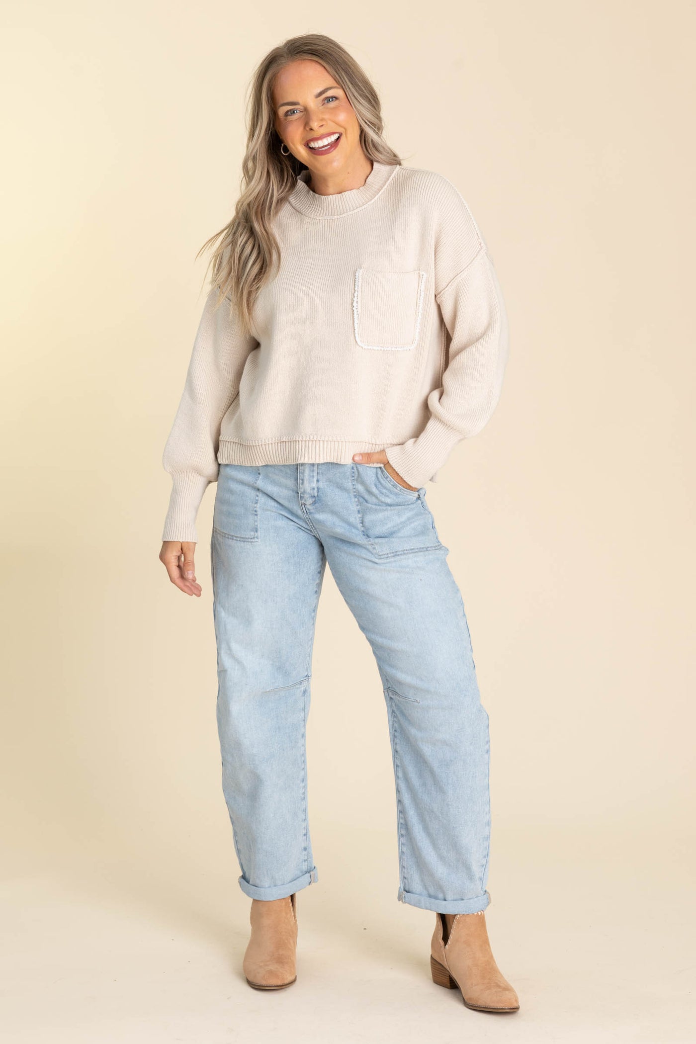 Oatmeal Knit Sweater With Chest Pocket