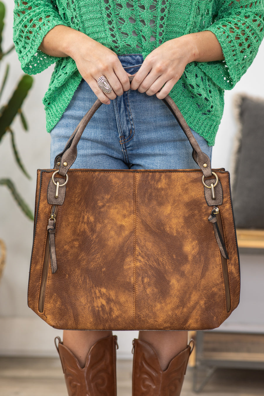 Cognac Burnished Detail Bag