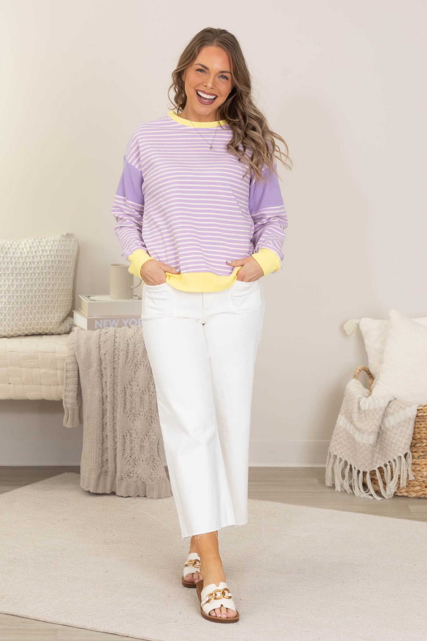 Periwinkle And Butter Yellow Trim Knit Top