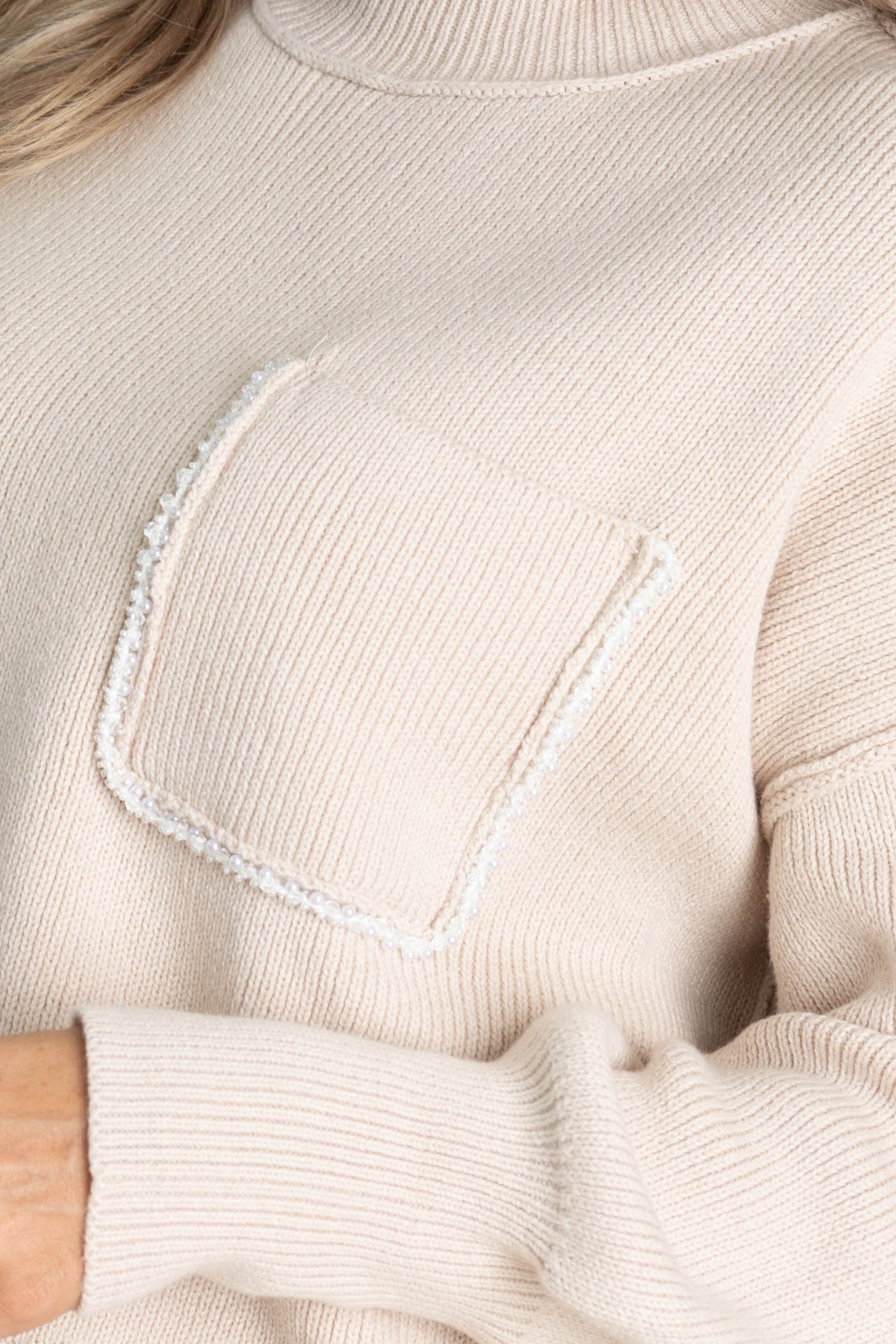 Oatmeal Knit Sweater With Chest Pocket