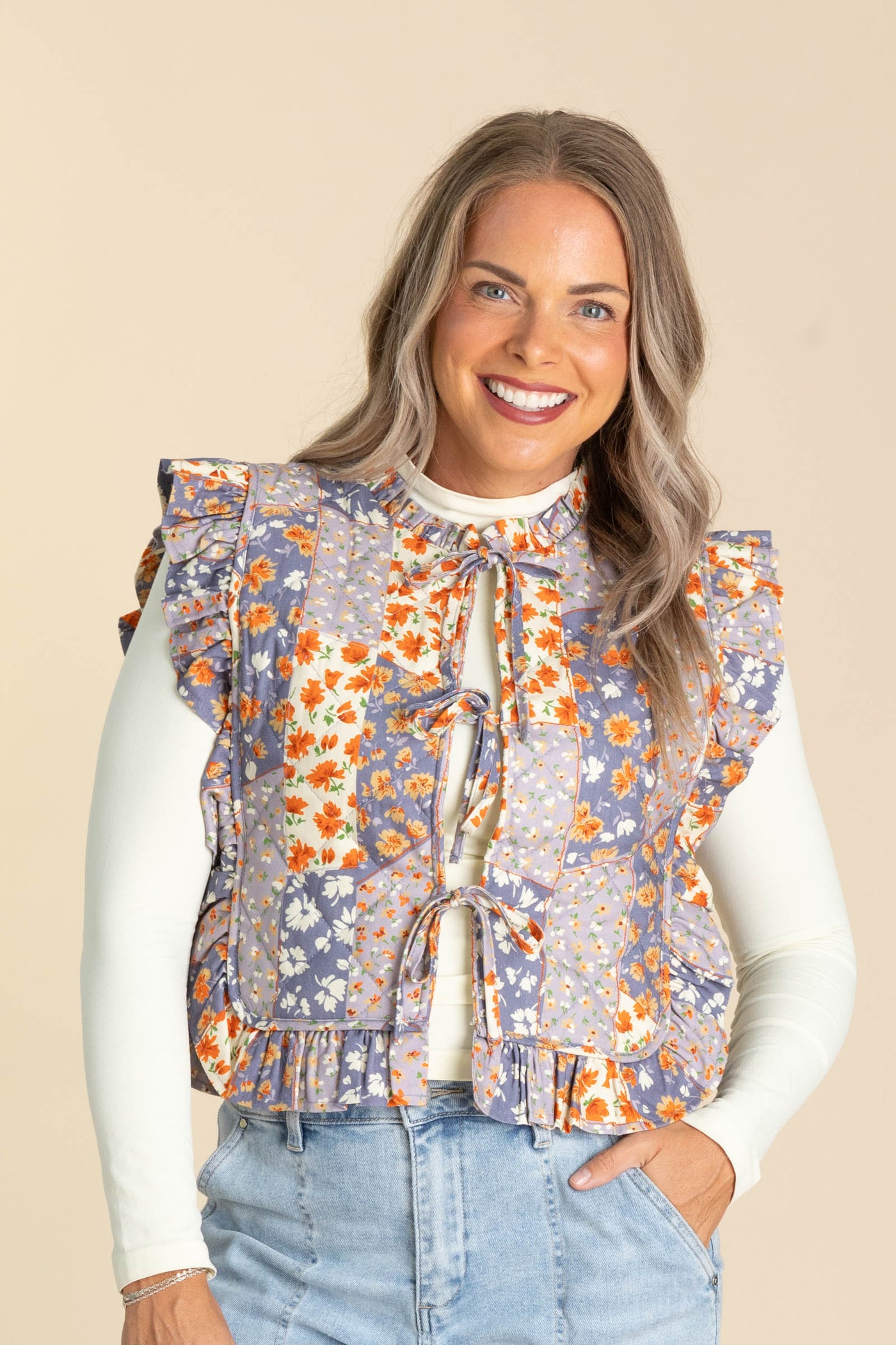 Orange Breeze Ruffle Trim Tie Vest