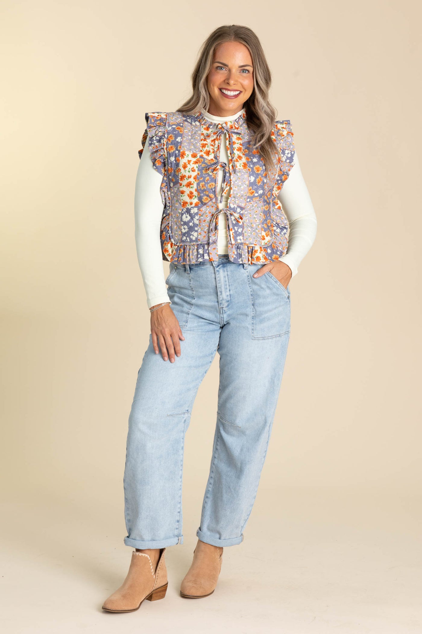 Orange Breeze Ruffle Trim Tie Vest