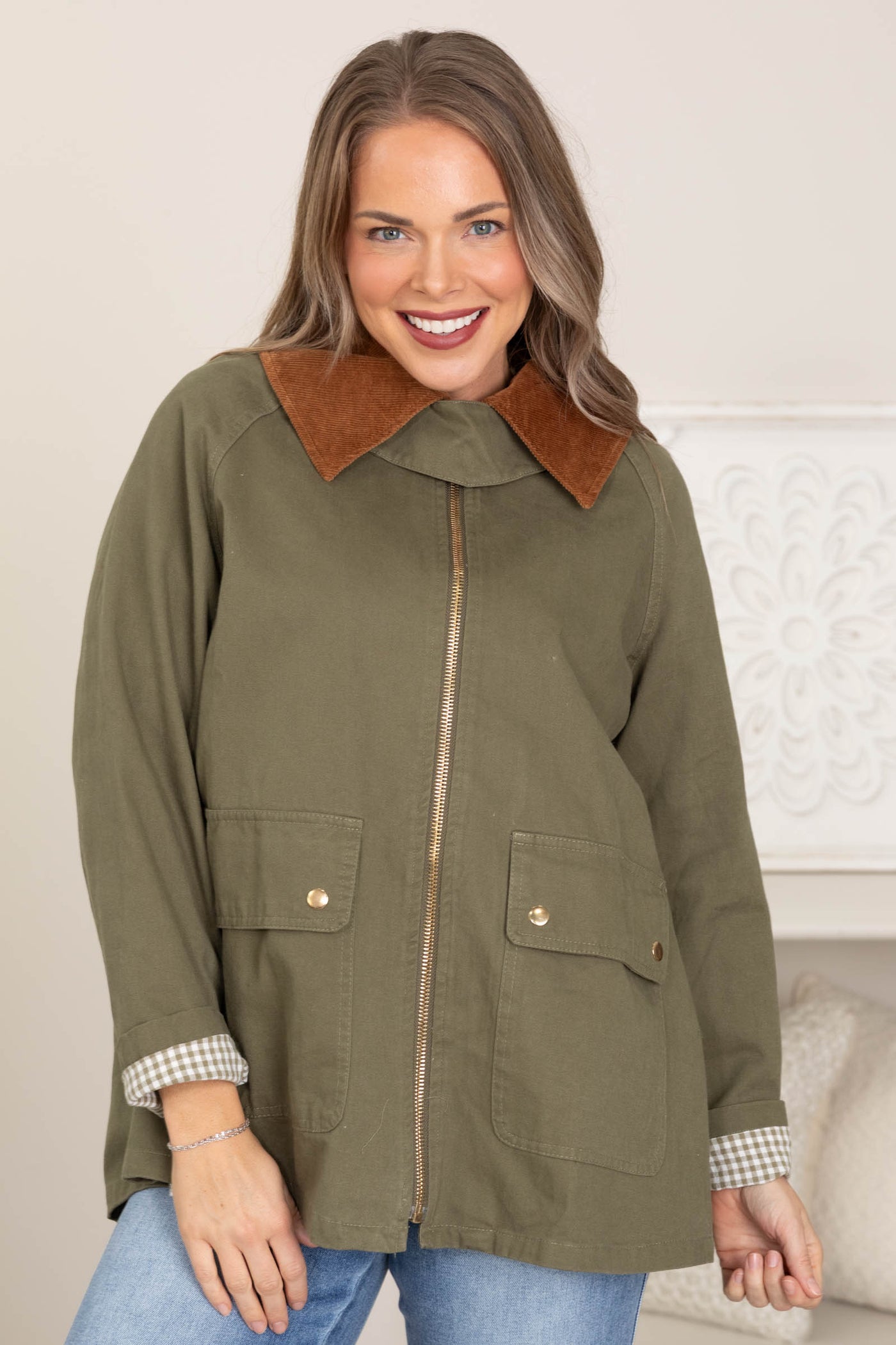 Olive Cotton Jacket With Corduroy Contrast Collar