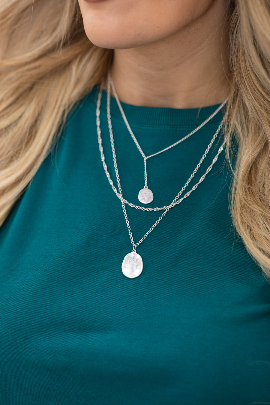 Silver Double Disc Charm Layered Necklace