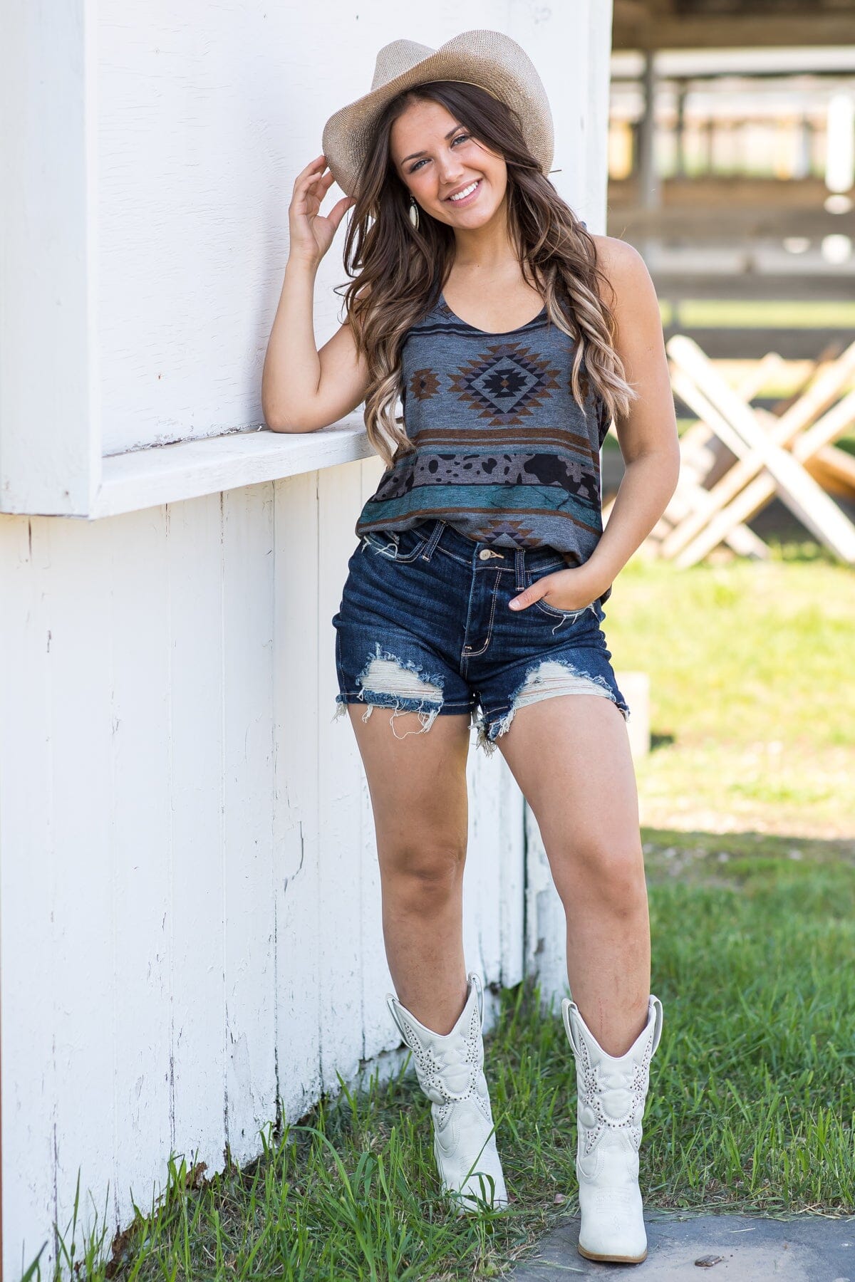 Charcoal Aztec Print Round Neck Tank - Filly Flair